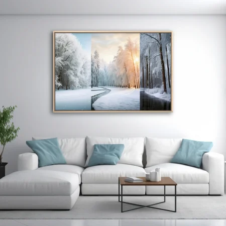 Snowy forest triptych with frost-covered trees and icy stream
