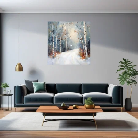 Painterly winter birch forest landscape with snowy path, drifting snowflakes, slate blue and rust tones