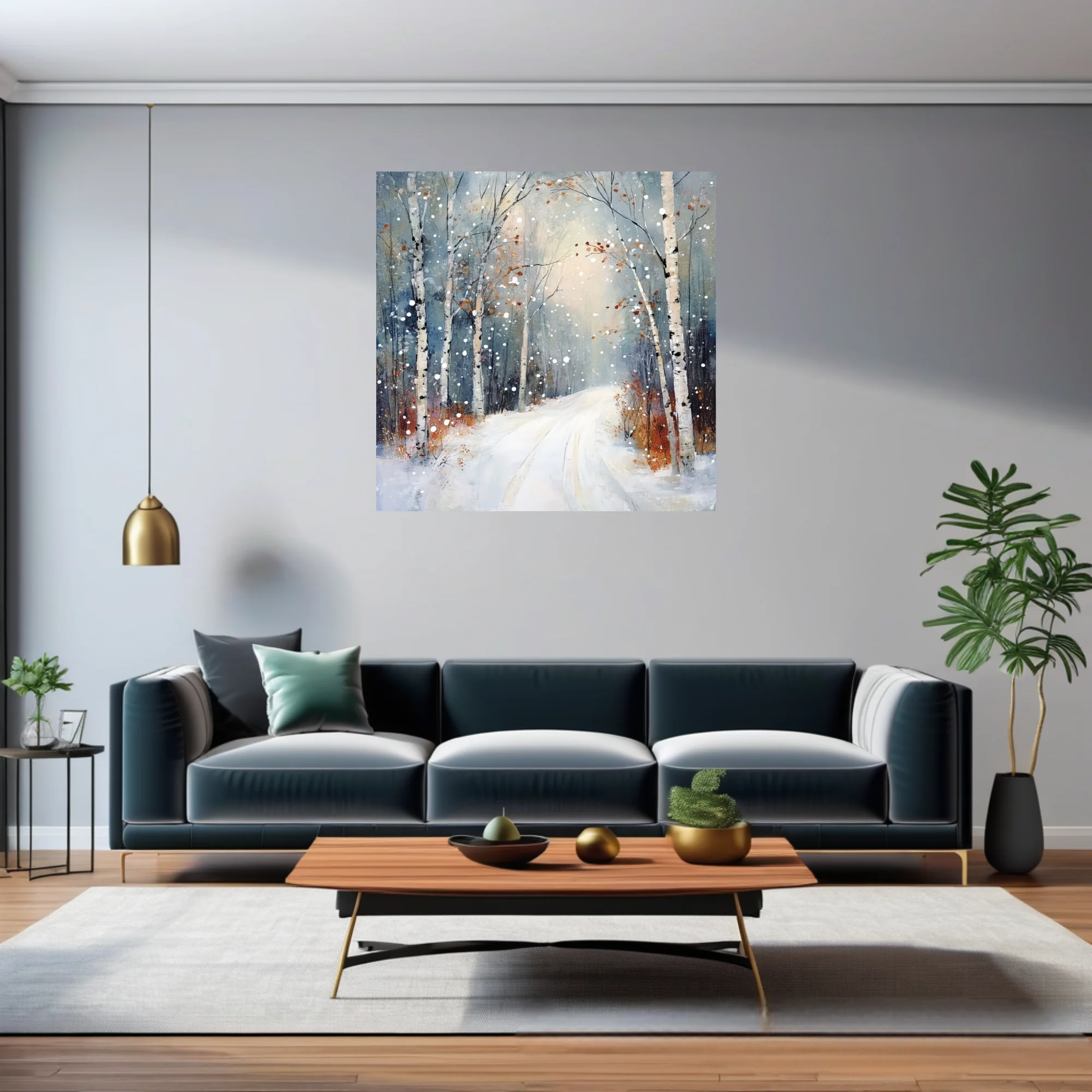 Painterly winter birch forest landscape with snowy path, drifting snowflakes, slate blue and rust tones