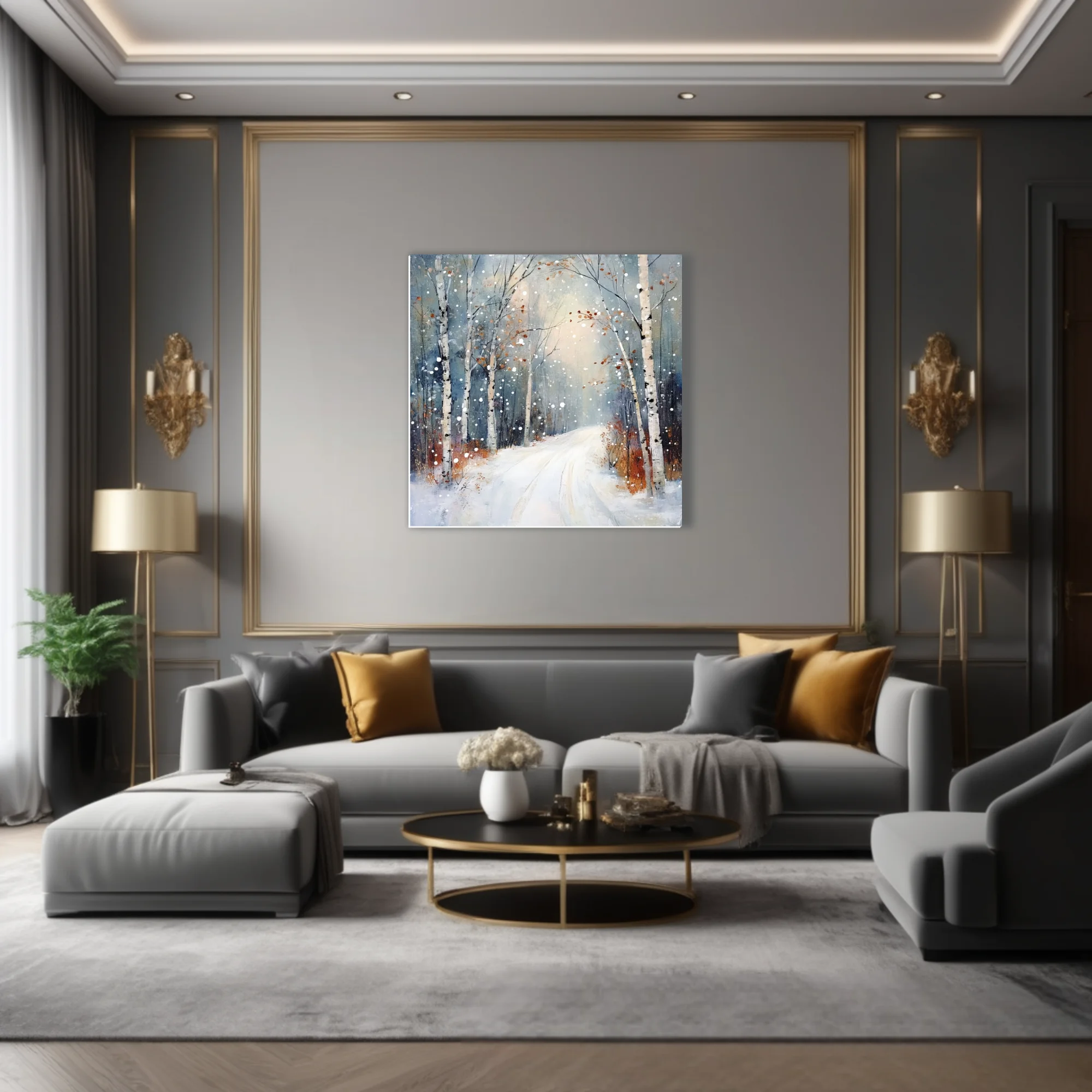 Painterly winter birch forest landscape with snowy path, drifting snowflakes, slate blue and rust tones