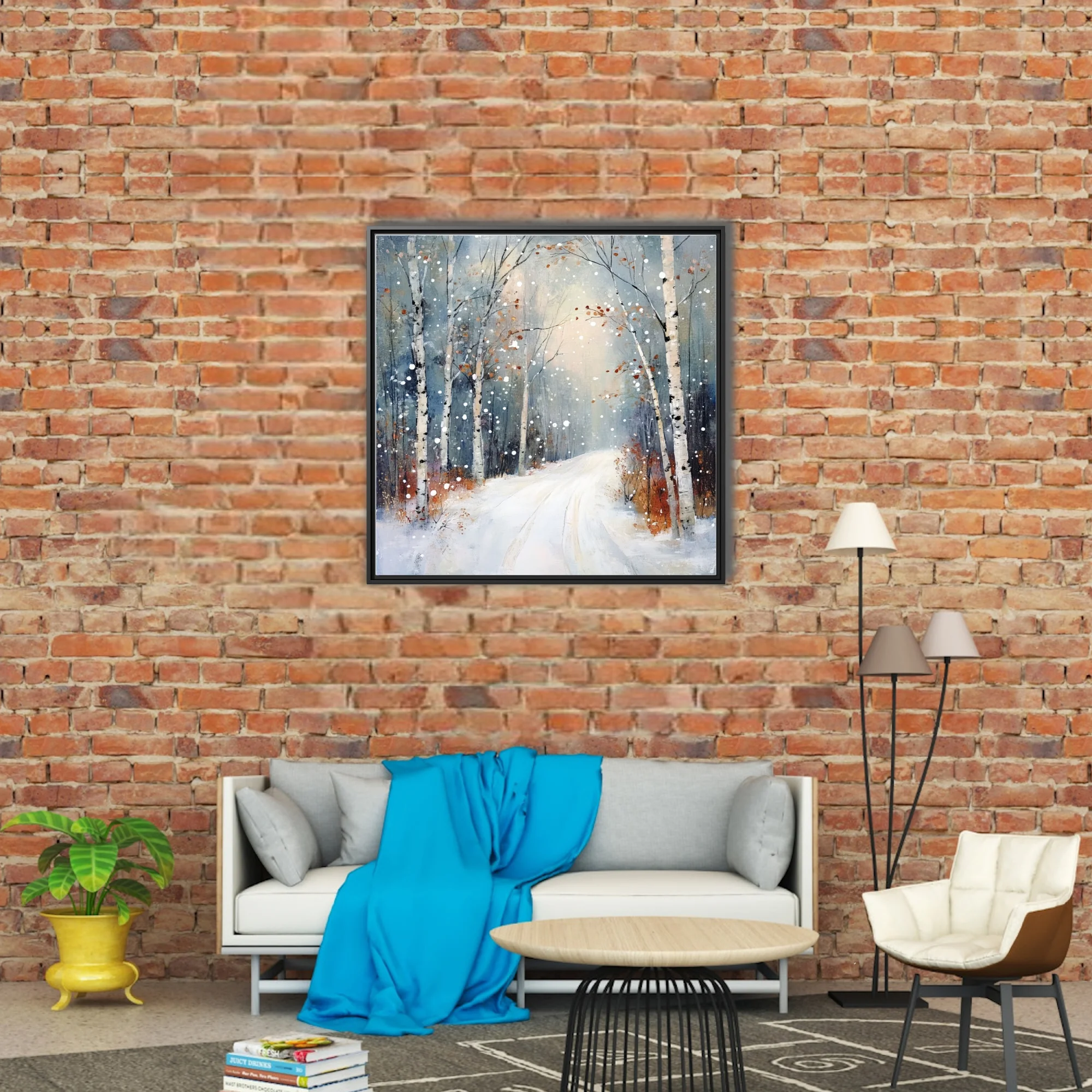 Painterly winter birch forest landscape with snowy path, drifting snowflakes, slate blue and rust tones