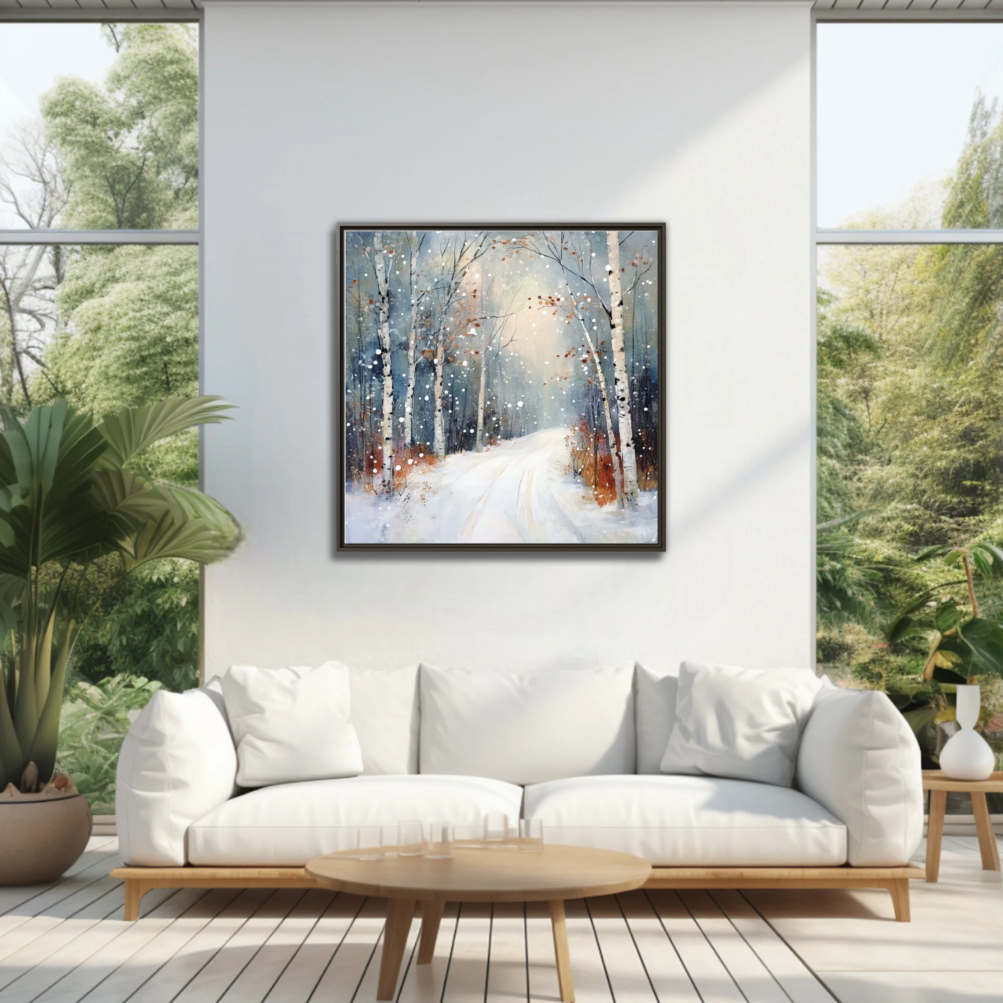 Painterly winter birch forest landscape with snowy path, drifting snowflakes, slate blue and rust tones