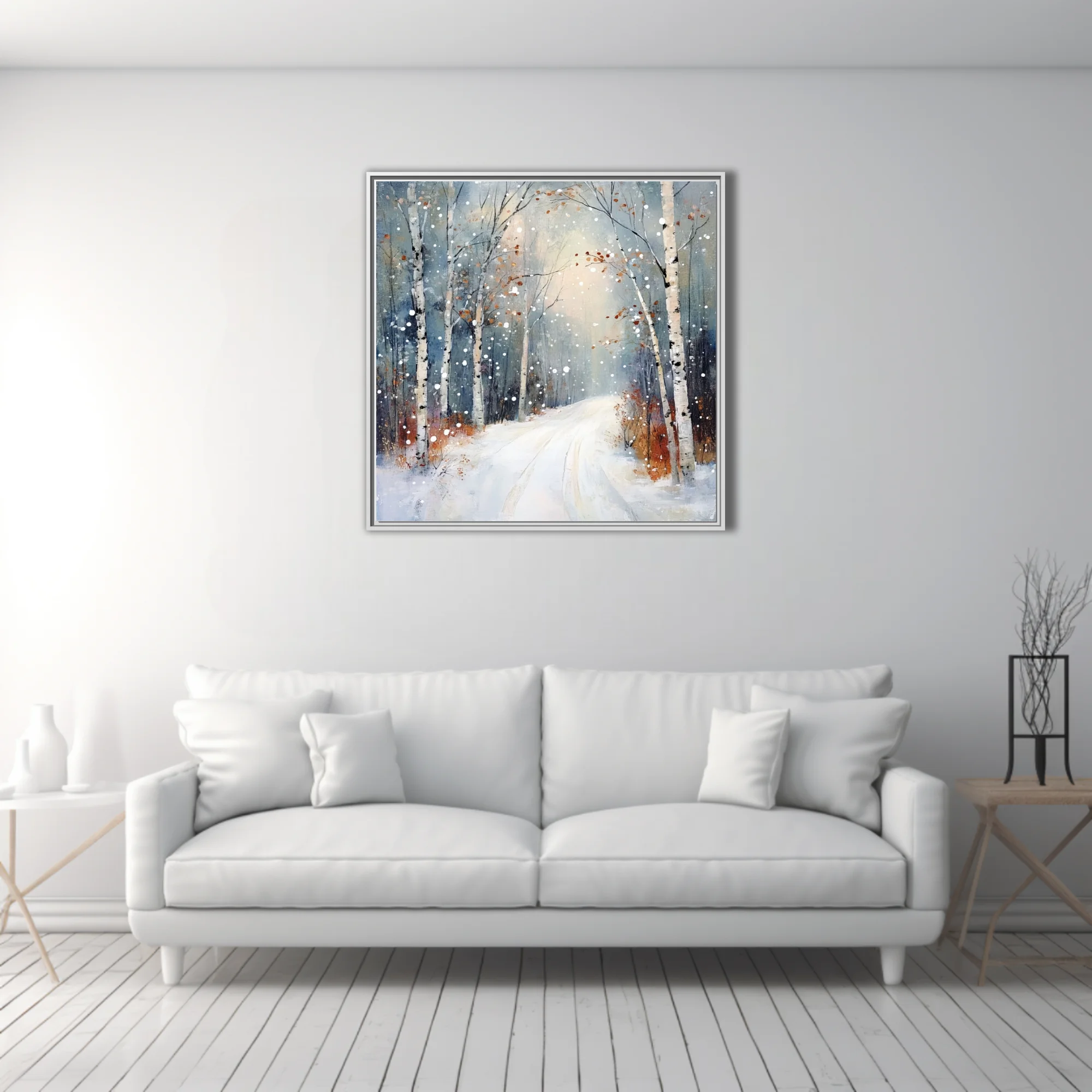 Painterly winter birch forest landscape with snowy path, drifting snowflakes, slate blue and rust tones
