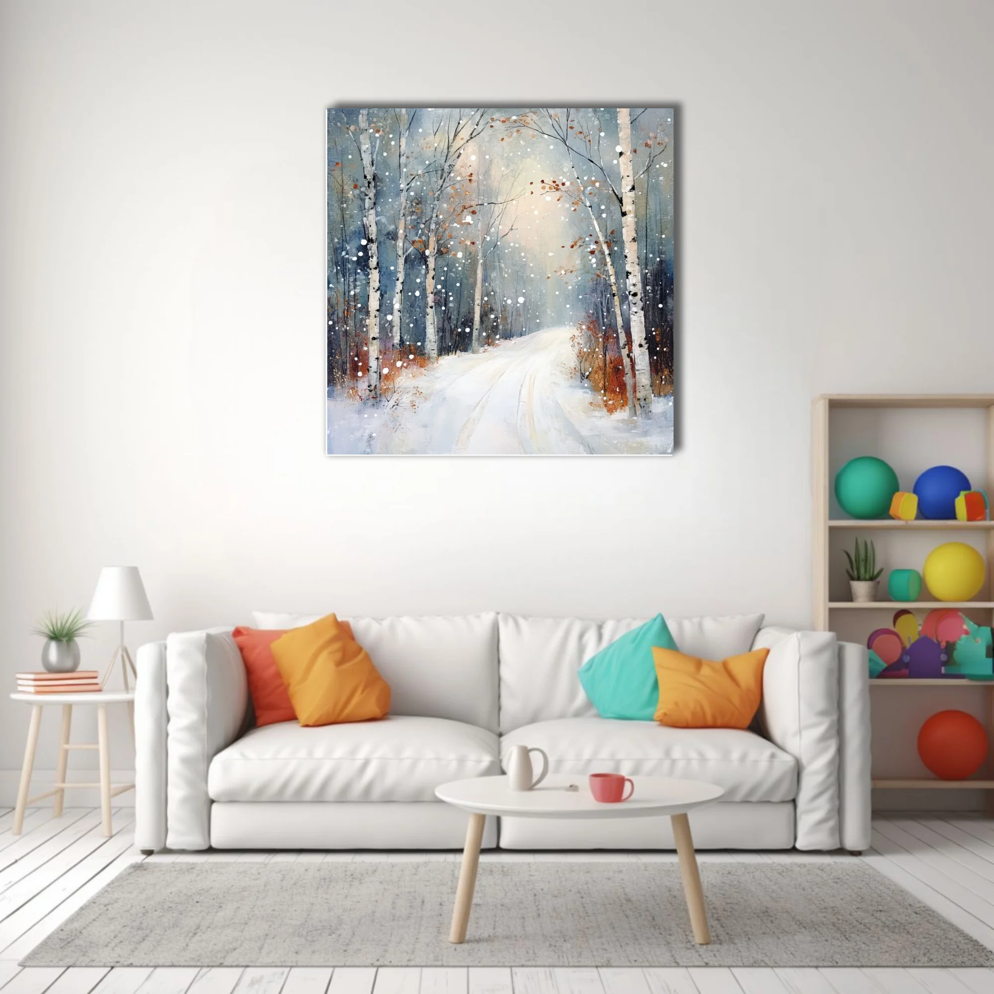 Painterly winter birch forest landscape with snowy path, drifting snowflakes, slate blue and rust tones