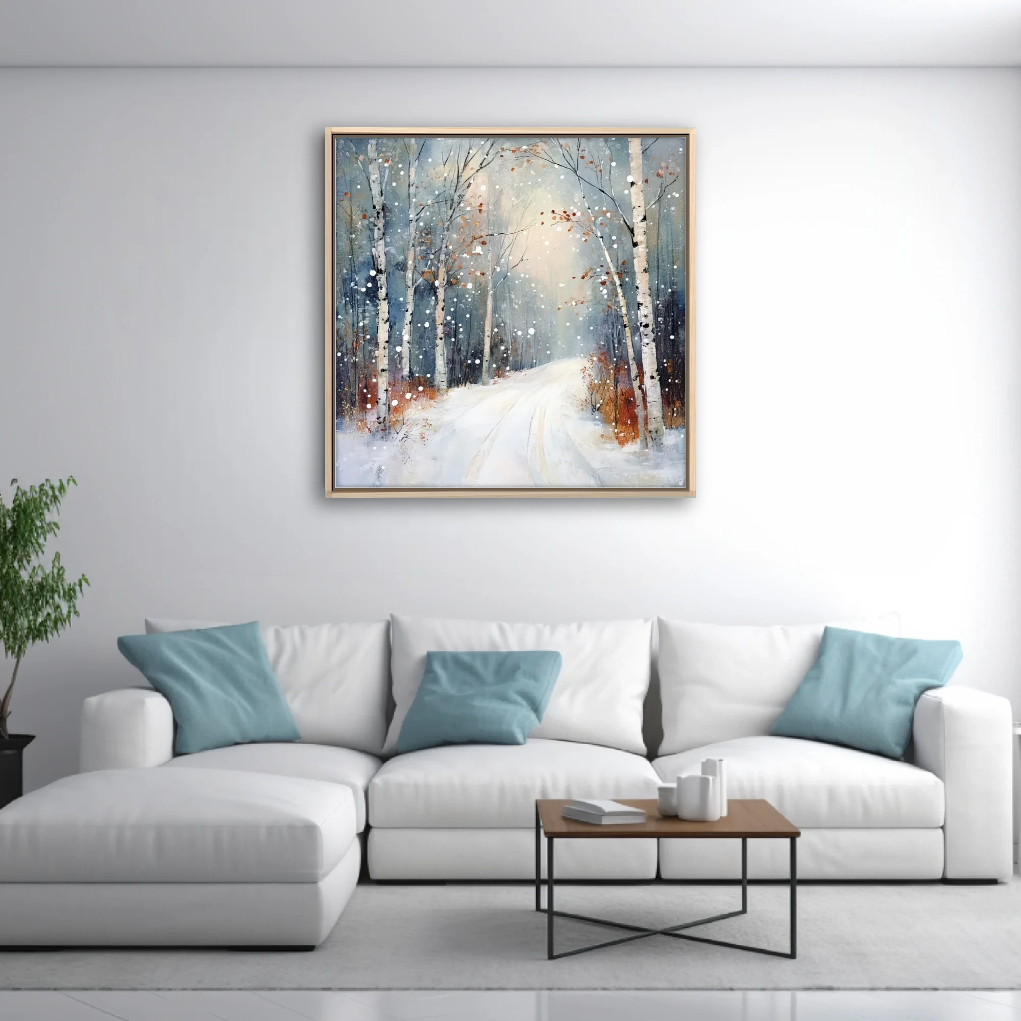 Painterly winter birch forest landscape with snowy path, drifting snowflakes, slate blue and rust tones