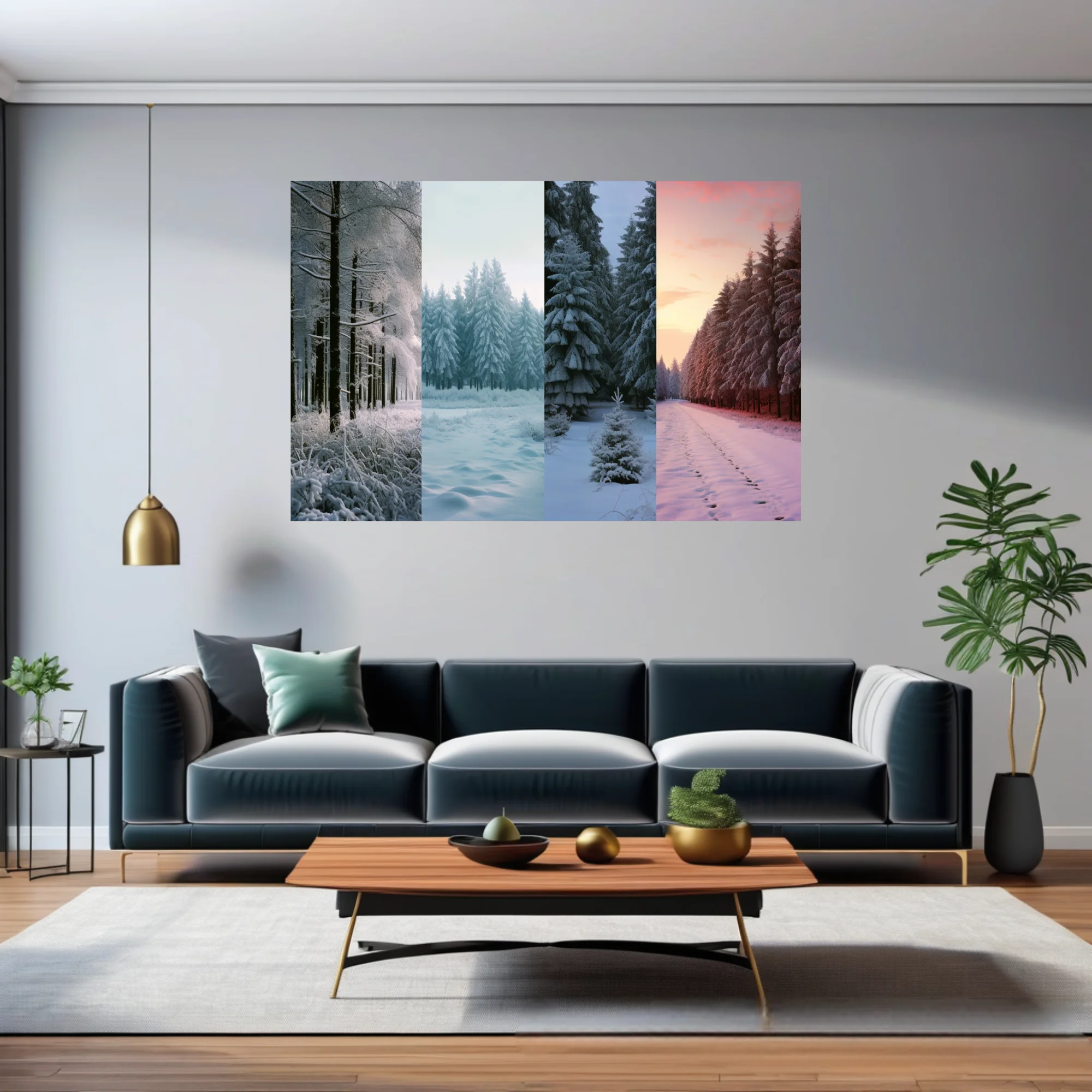 Snowy evergreen forest collage, frosty whites and twilight pink tones