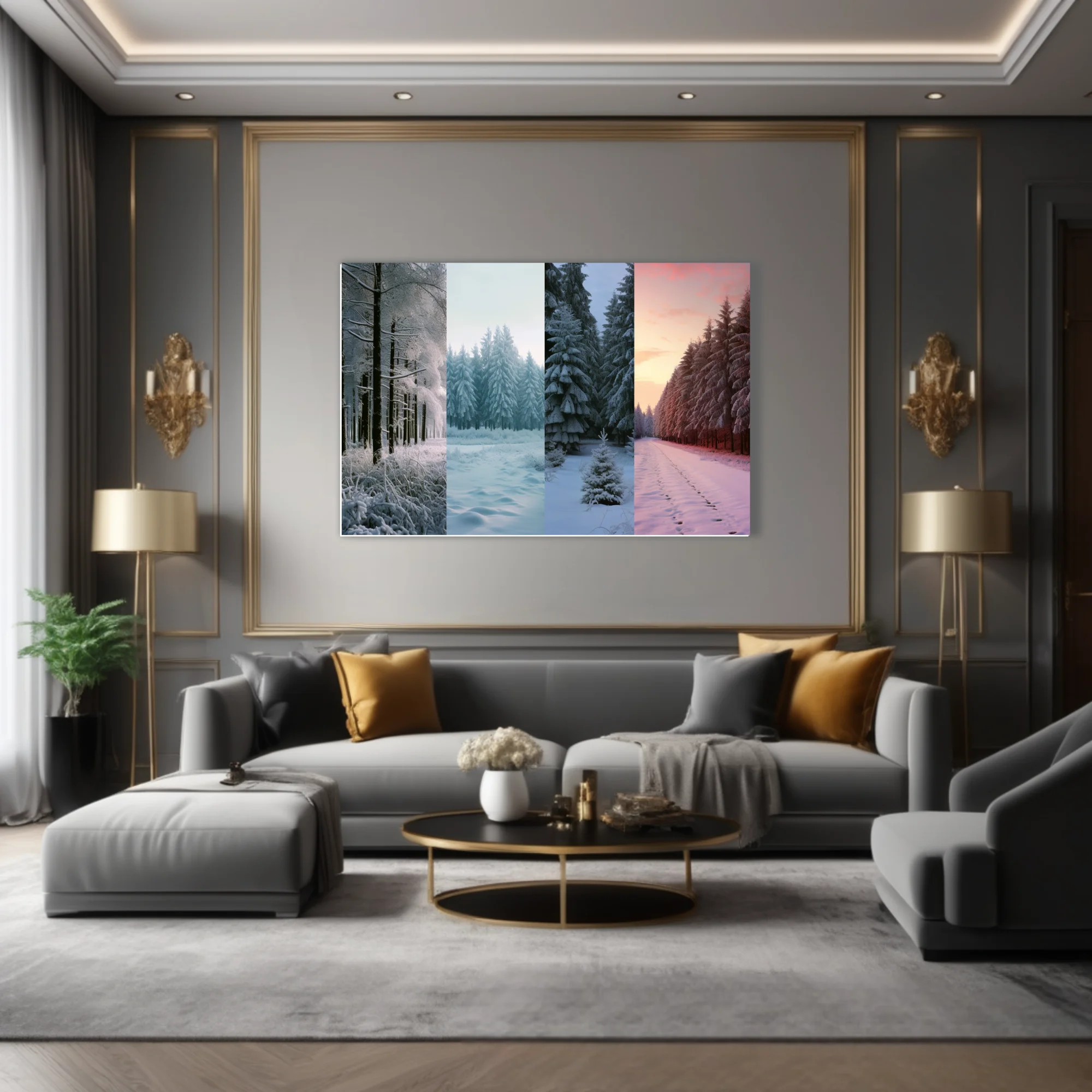 Snowy evergreen forest collage, frosty whites and twilight pink tones