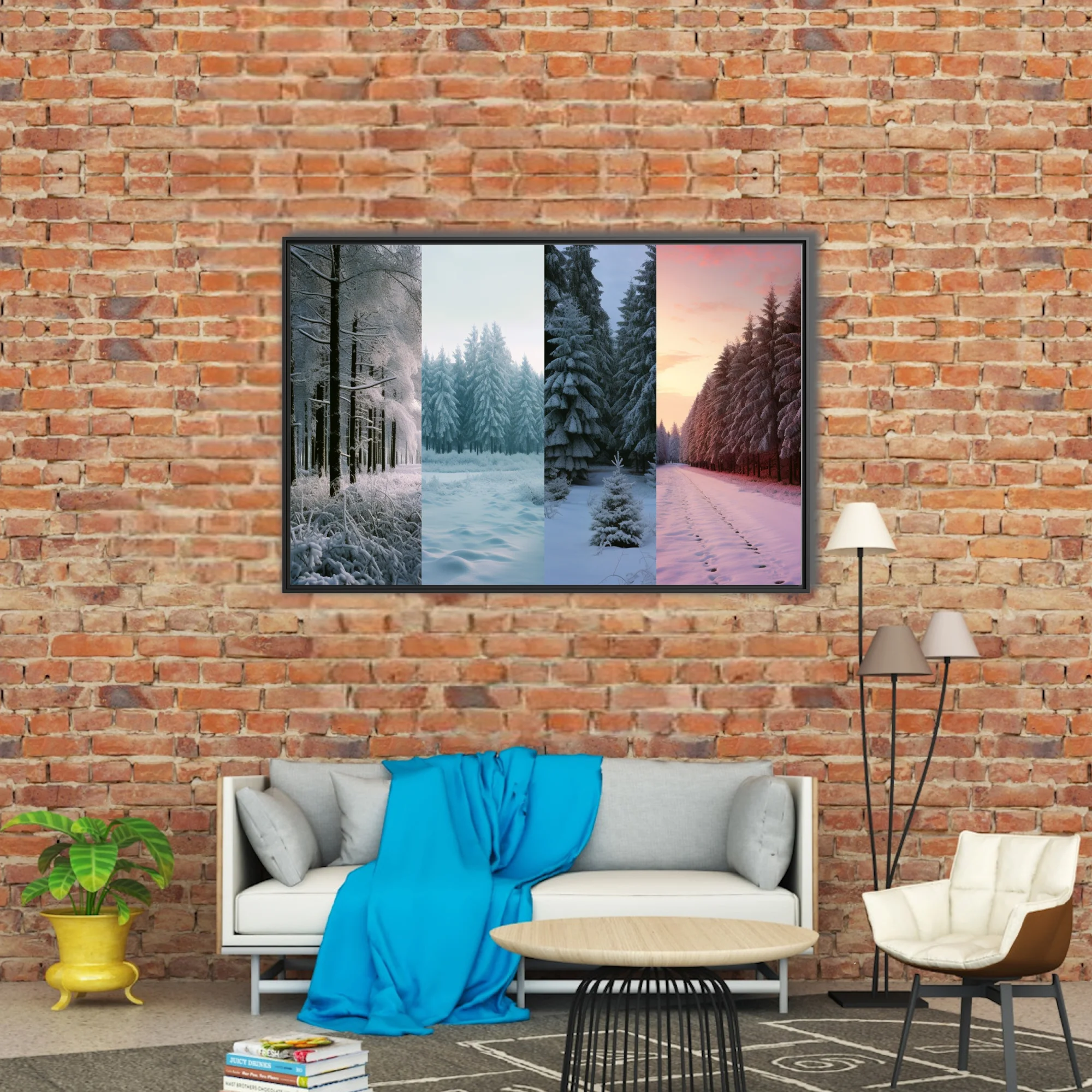 Snowy evergreen forest collage, frosty whites and twilight pink tones