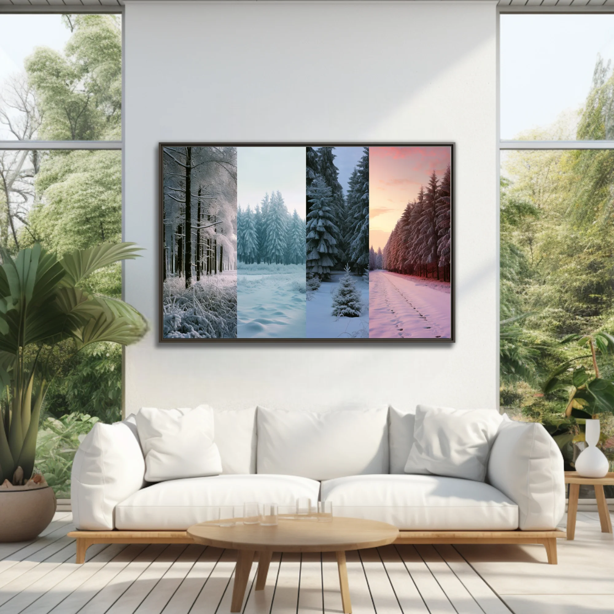 Snowy evergreen forest collage, frosty whites and twilight pink tones