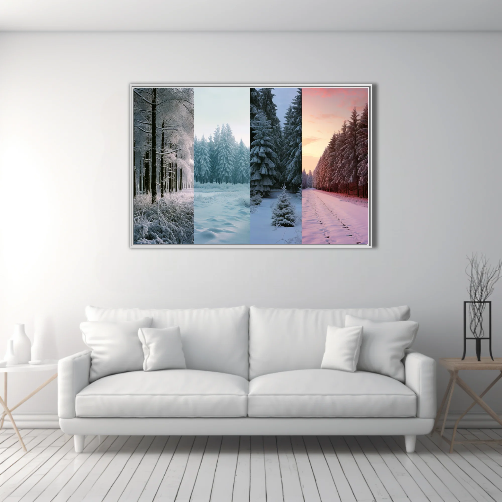 Snowy evergreen forest collage, frosty whites and twilight pink tones