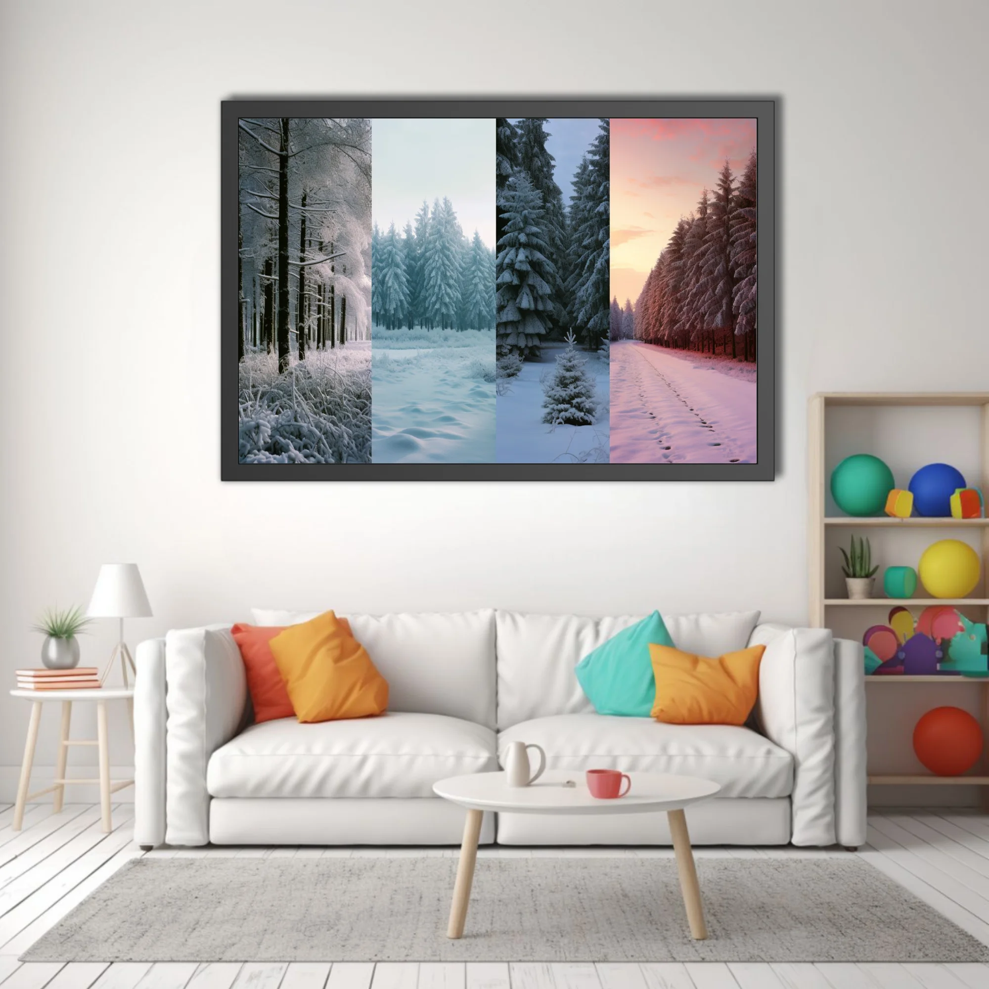 Snowy evergreen forest collage, frosty whites and twilight pink tones