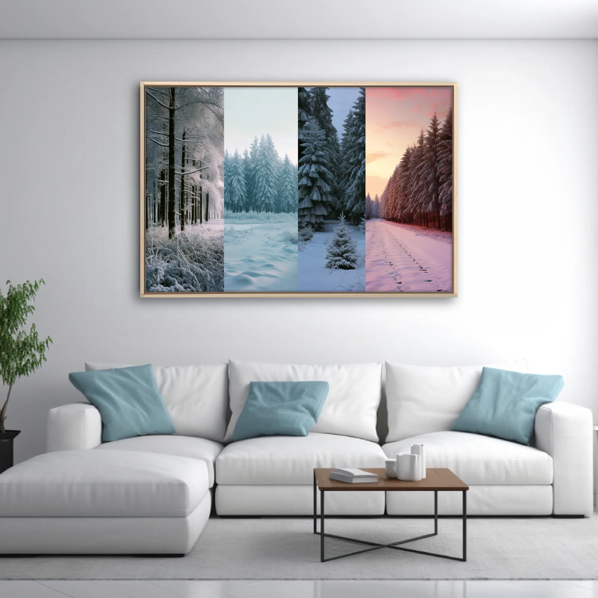 Snowy evergreen forest collage, frosty whites and twilight pink tones