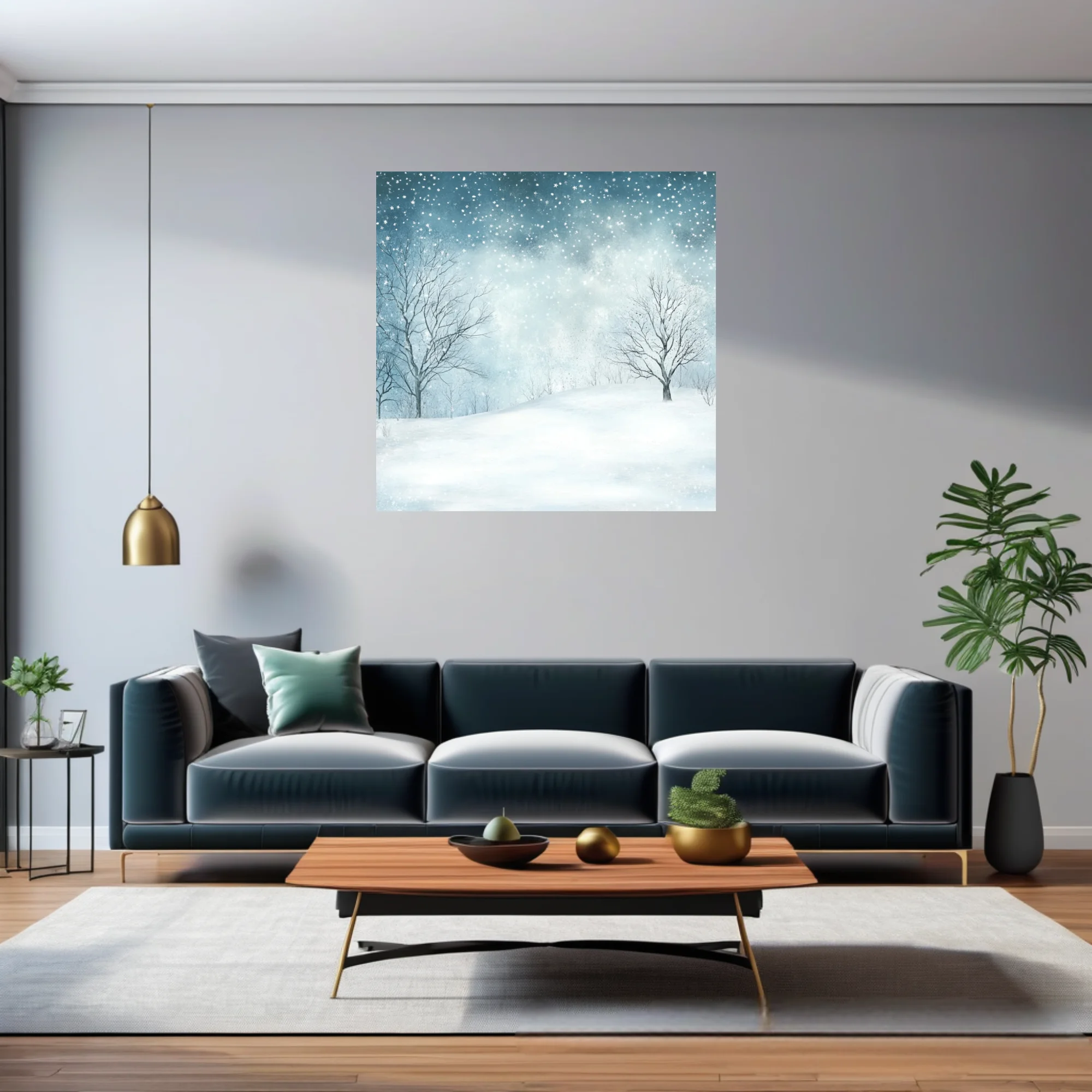 Watercolor-style winter snowscape with bare trees and falling snowflakes in soft blue-white tones