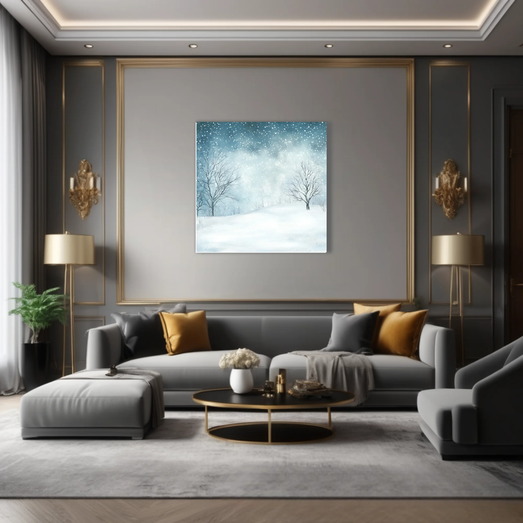 Watercolor-style winter snowscape with bare trees and falling snowflakes in soft blue-white tones