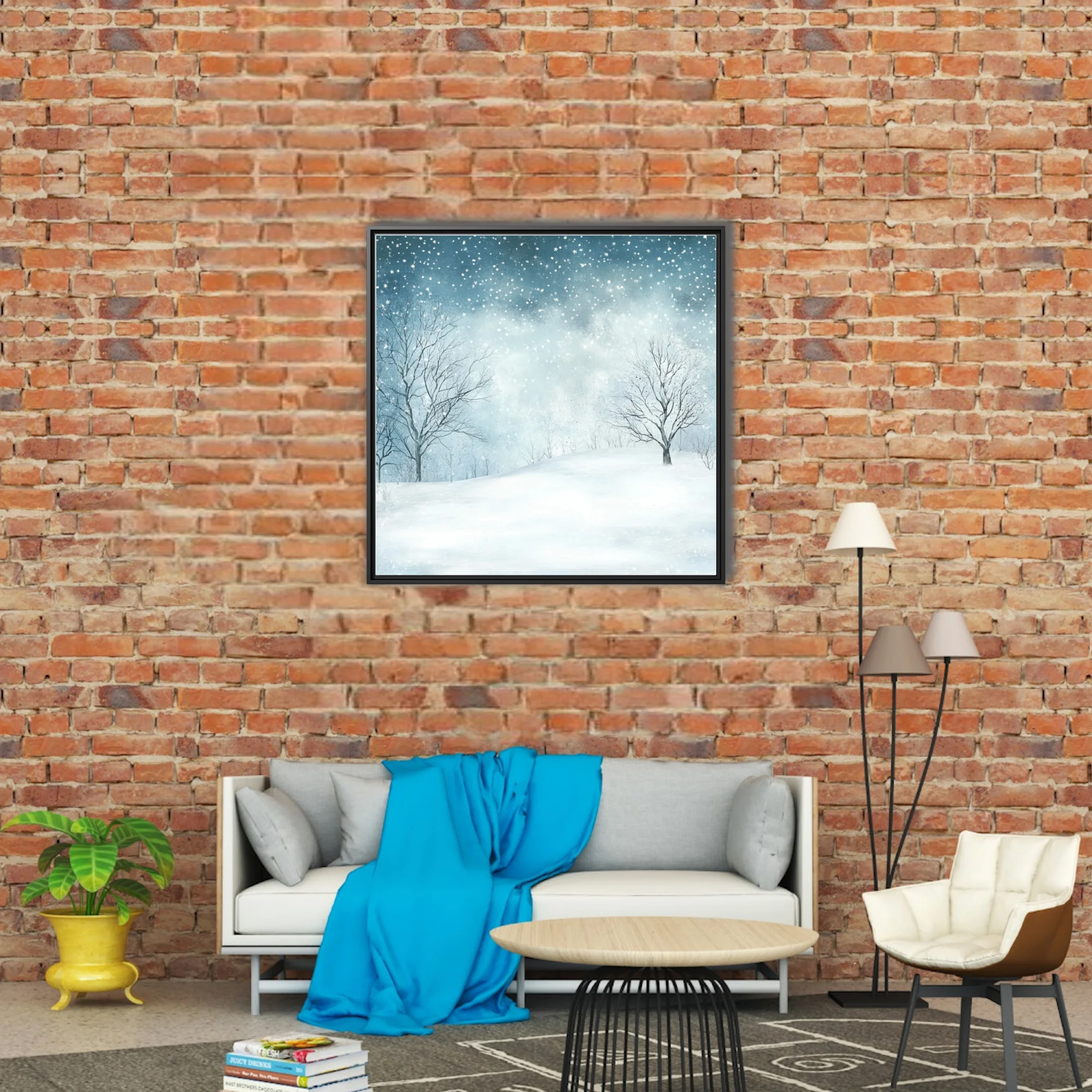 Watercolor-style winter snowscape with bare trees and falling snowflakes in soft blue-white tones