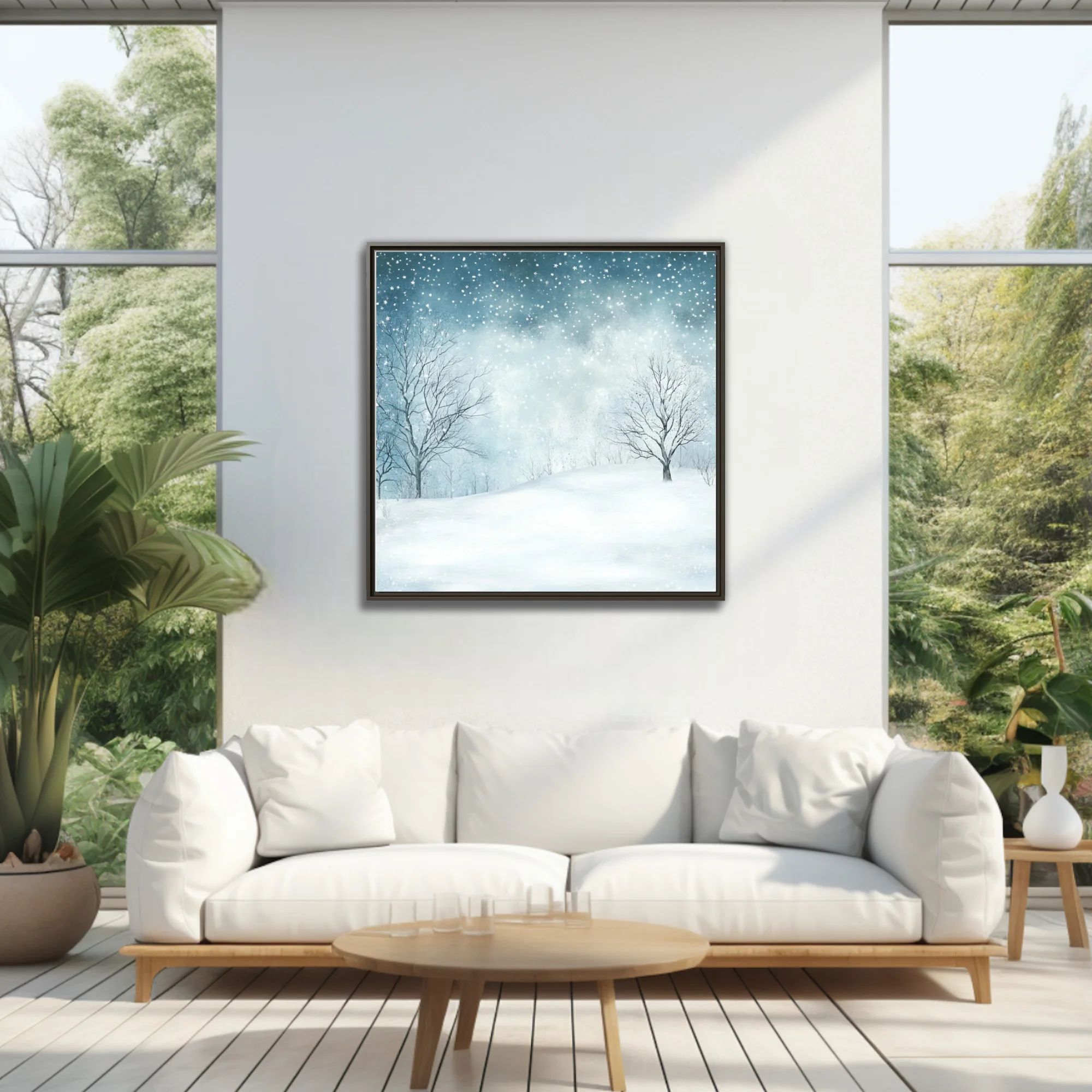 Watercolor-style winter snowscape with bare trees and falling snowflakes in soft blue-white tones