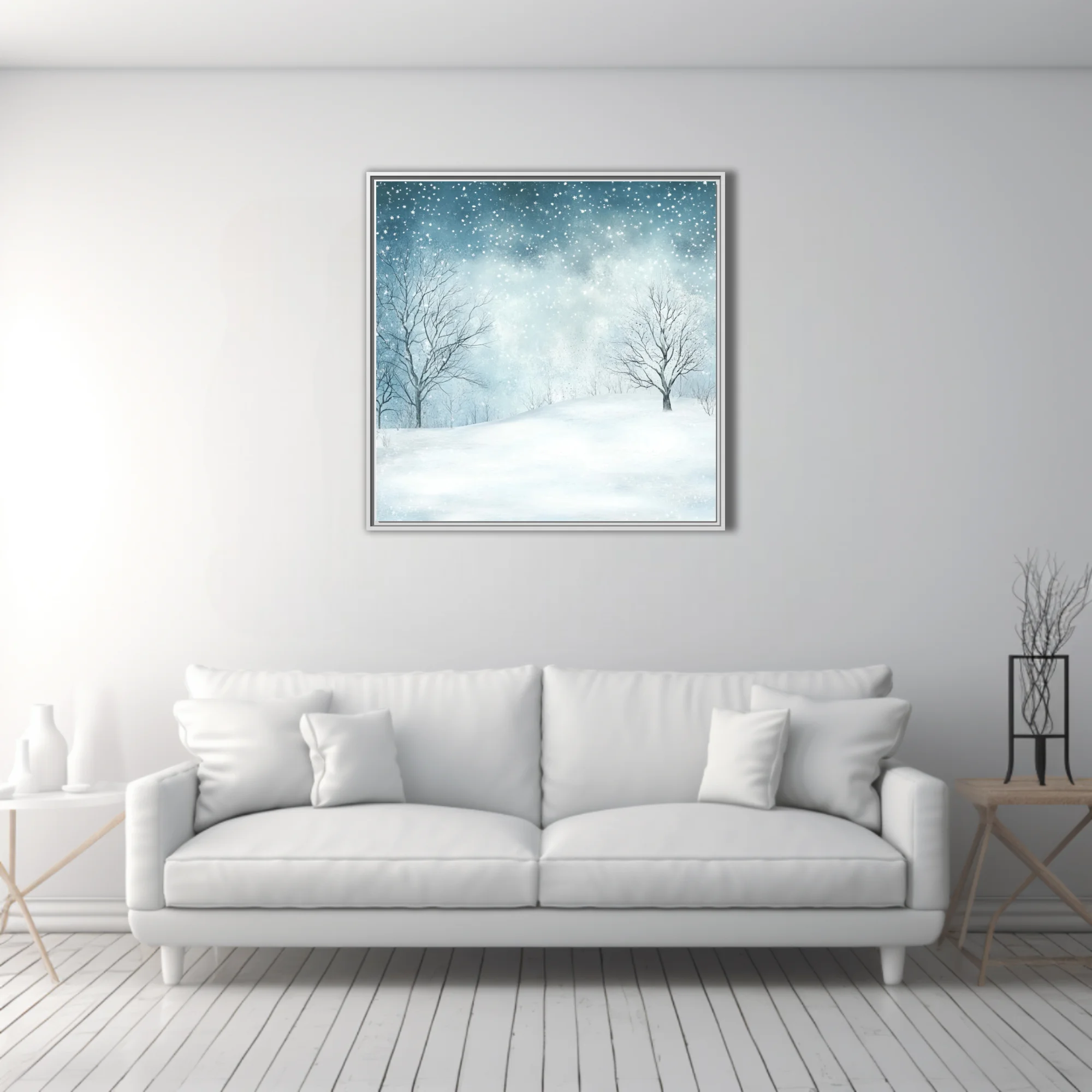 Watercolor-style winter snowscape with bare trees and falling snowflakes in soft blue-white tones