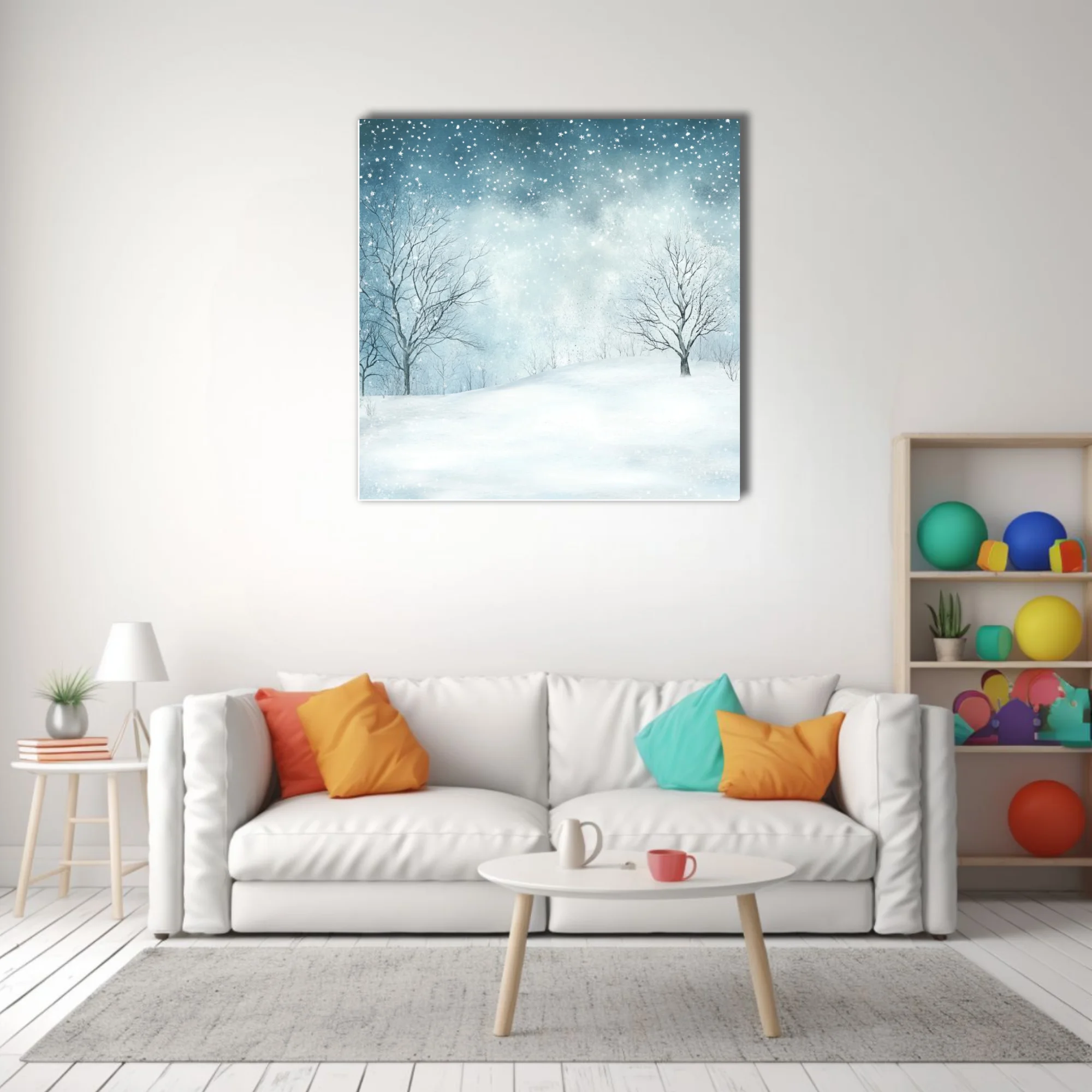 Watercolor-style winter snowscape with bare trees and falling snowflakes in soft blue-white tones