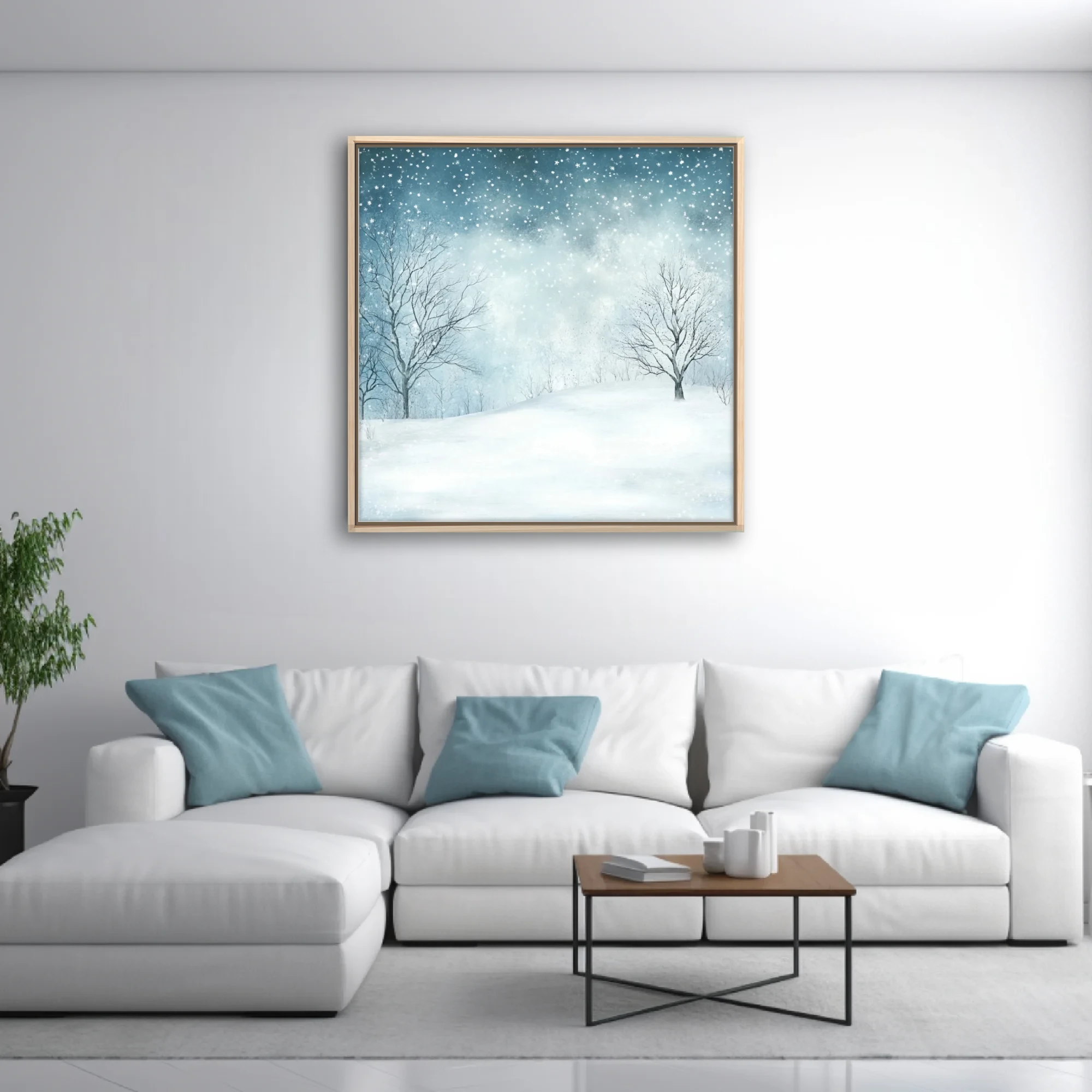 Watercolor-style winter snowscape with bare trees and falling snowflakes in soft blue-white tones