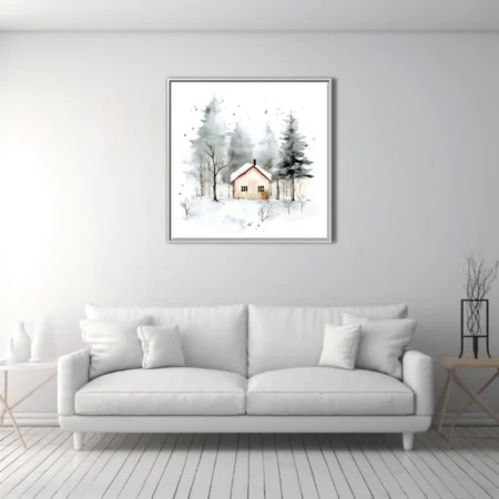Scandinavian watercolor-style winter cottage in snowy woodland, muted grey and cream tones