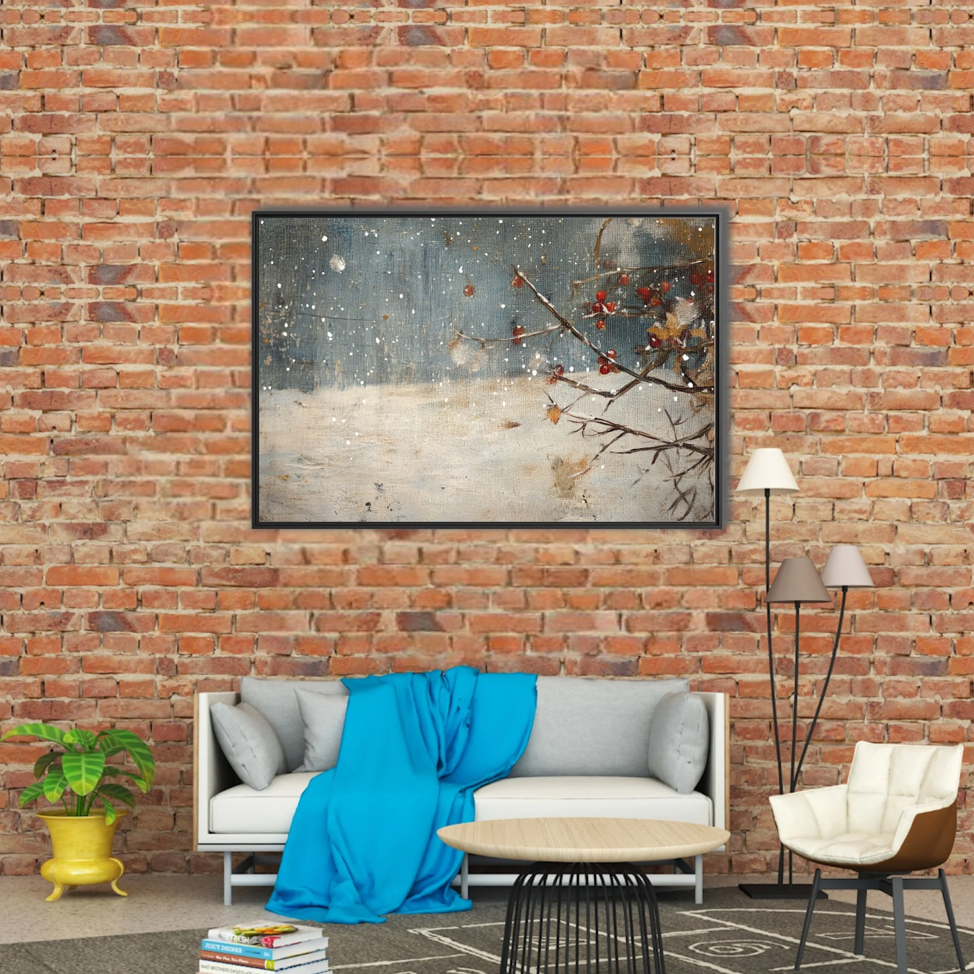 Rustic winter snowscape with red berries, bare branches, and falling snow on slate blue