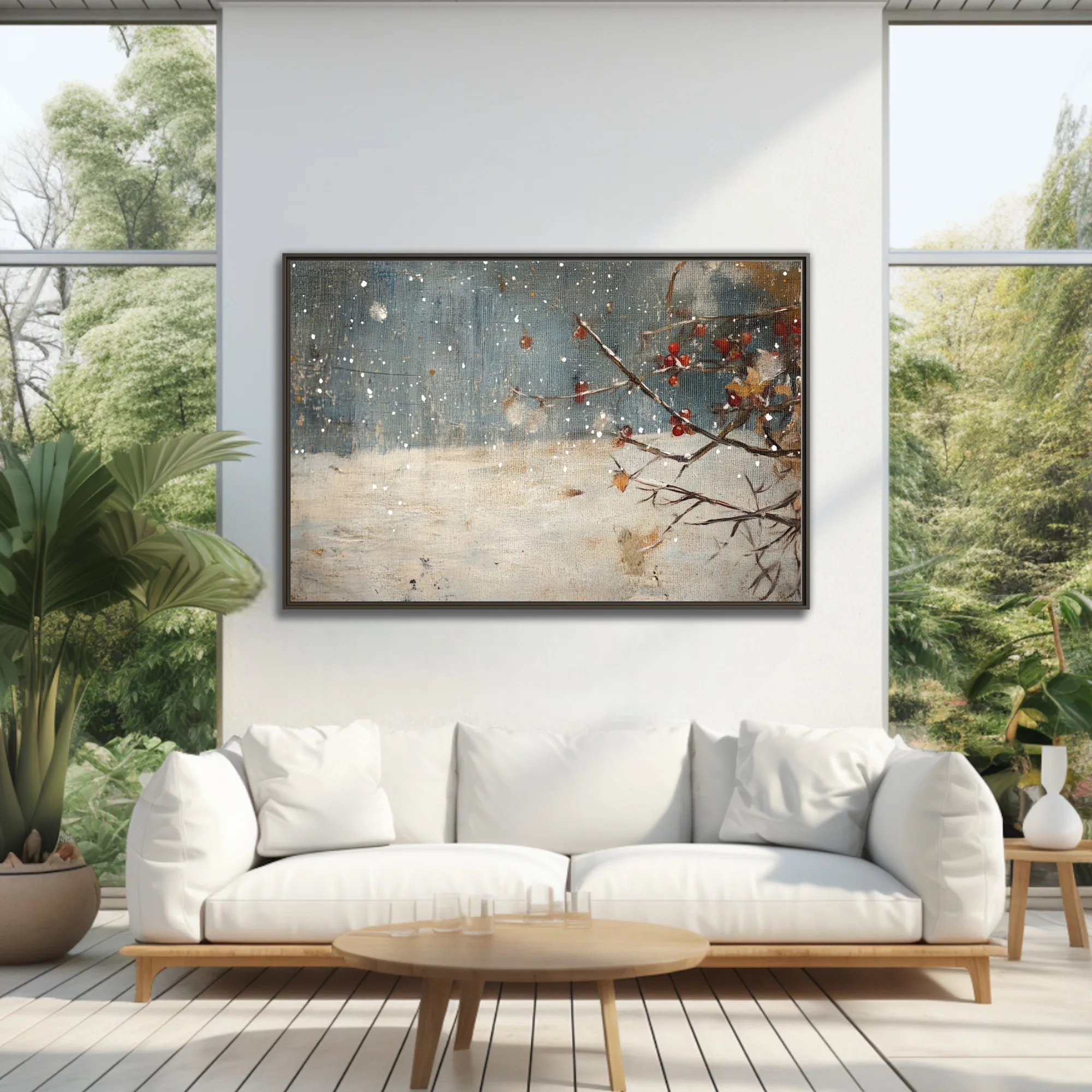 Rustic winter snowscape with red berries, bare branches, and falling snow on slate blue