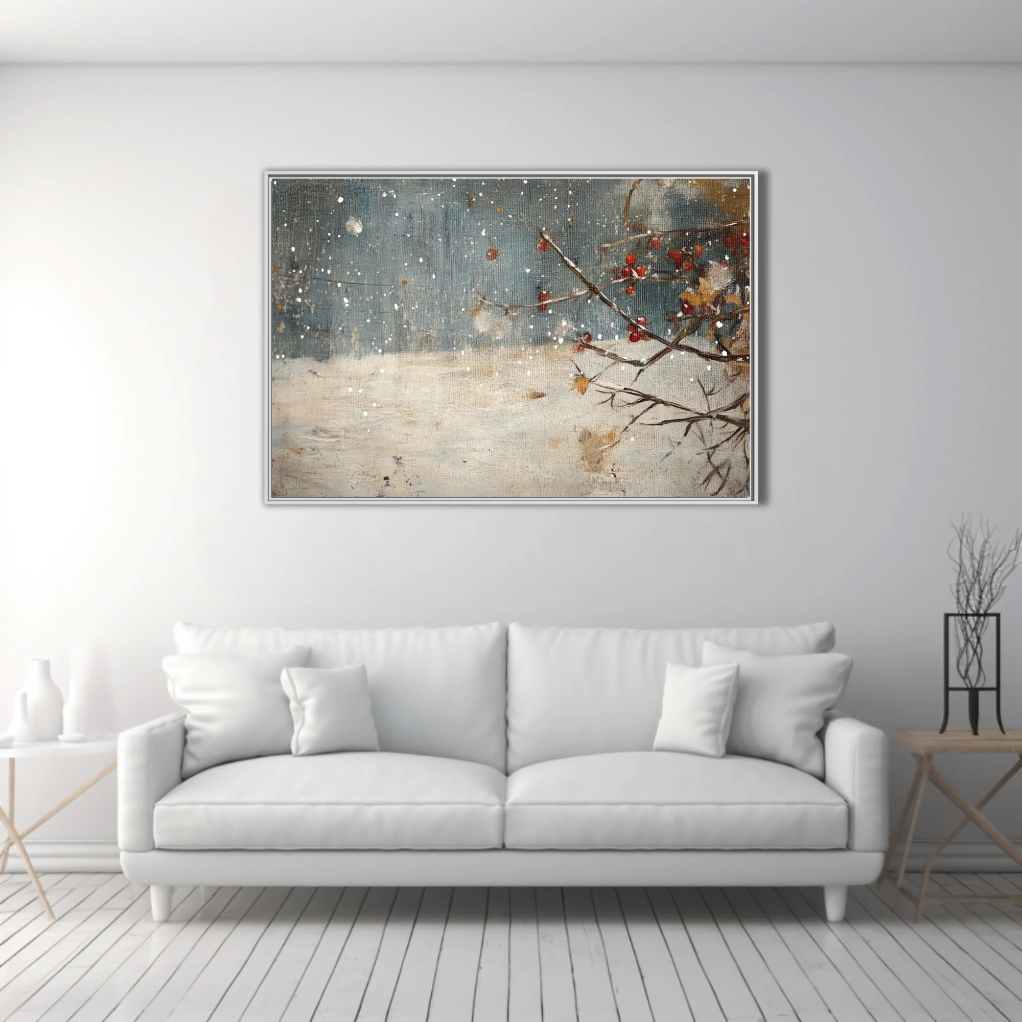 Rustic winter snowscape with red berries, bare branches, and falling snow on slate blue