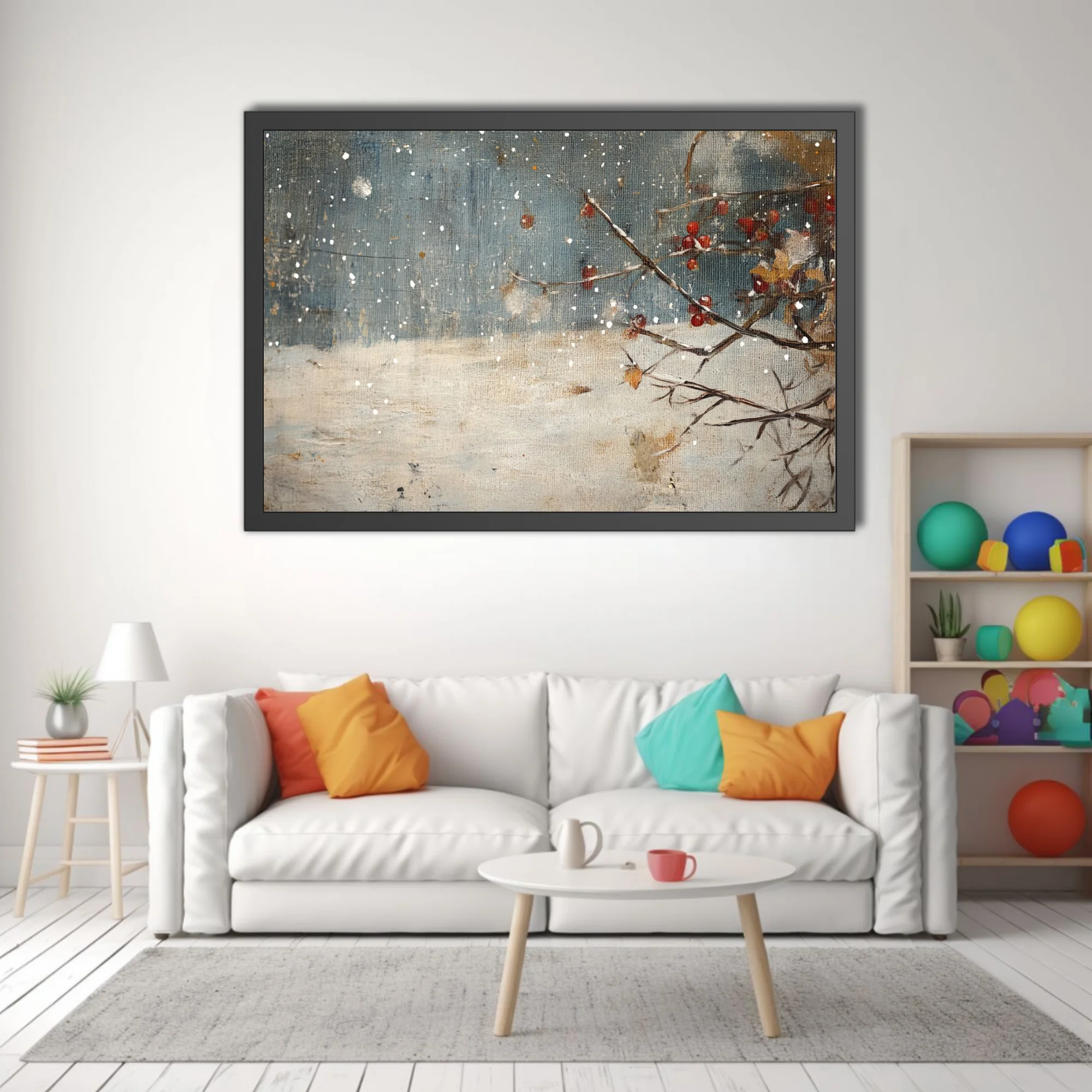 Rustic winter snowscape with red berries, bare branches, and falling snow on slate blue