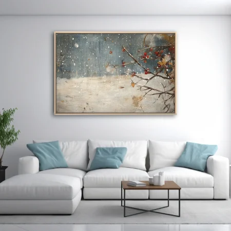 Rustic winter snowscape with red berries, bare branches, and falling snow on slate blue