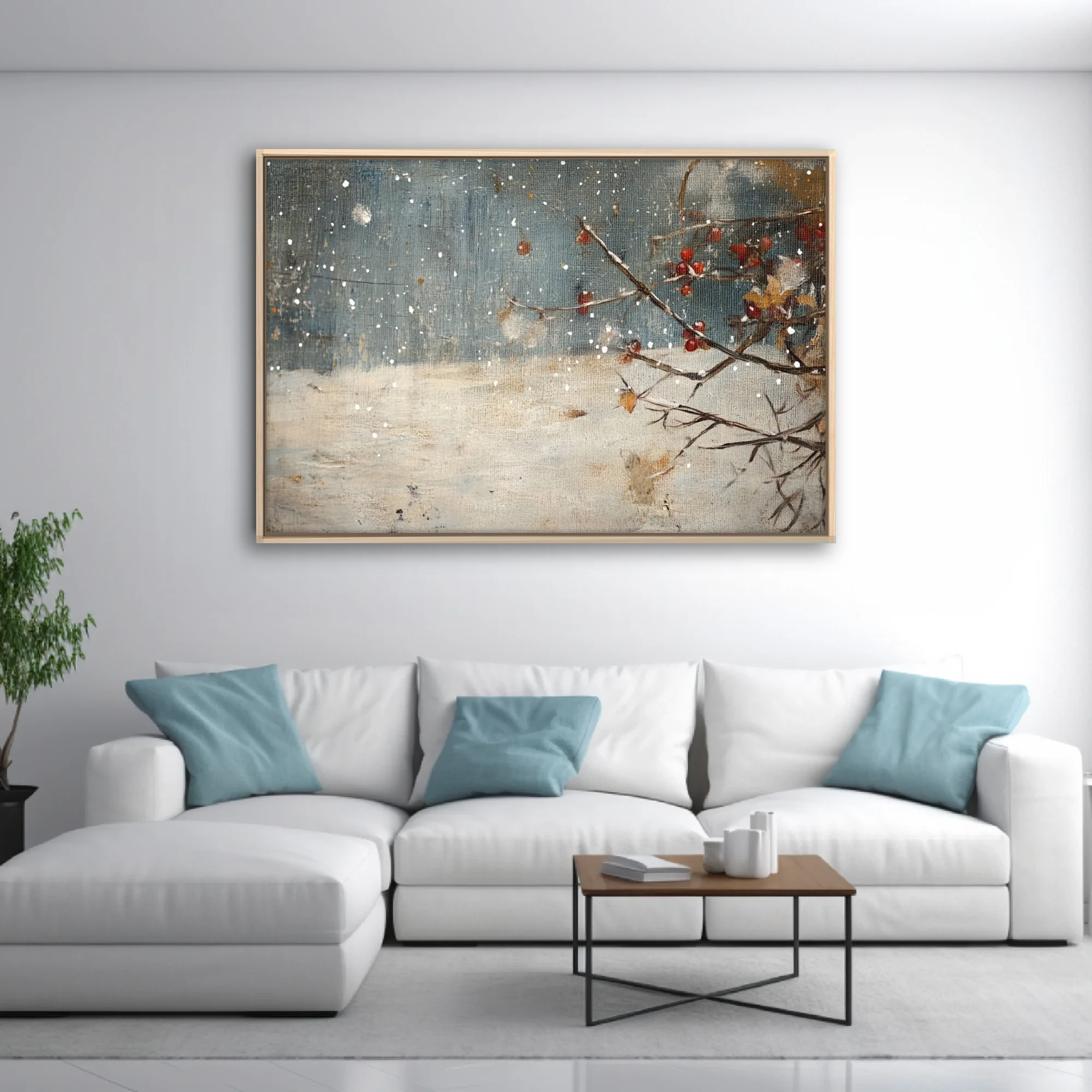 Rustic winter snowscape with red berries, bare branches, and falling snow on slate blue