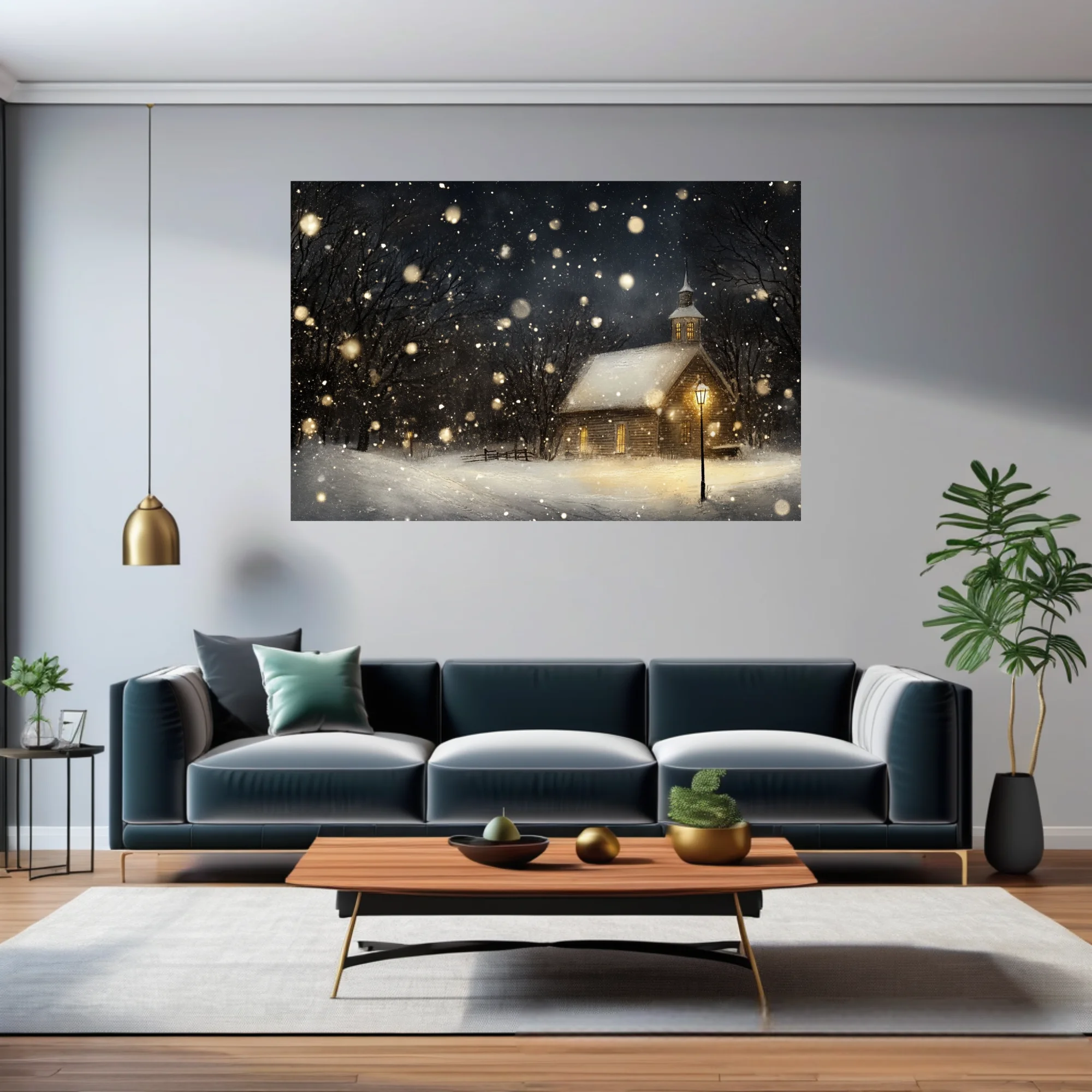 Painterly winter night scene, snow-covered chapel with glowing amber windows and falling snow