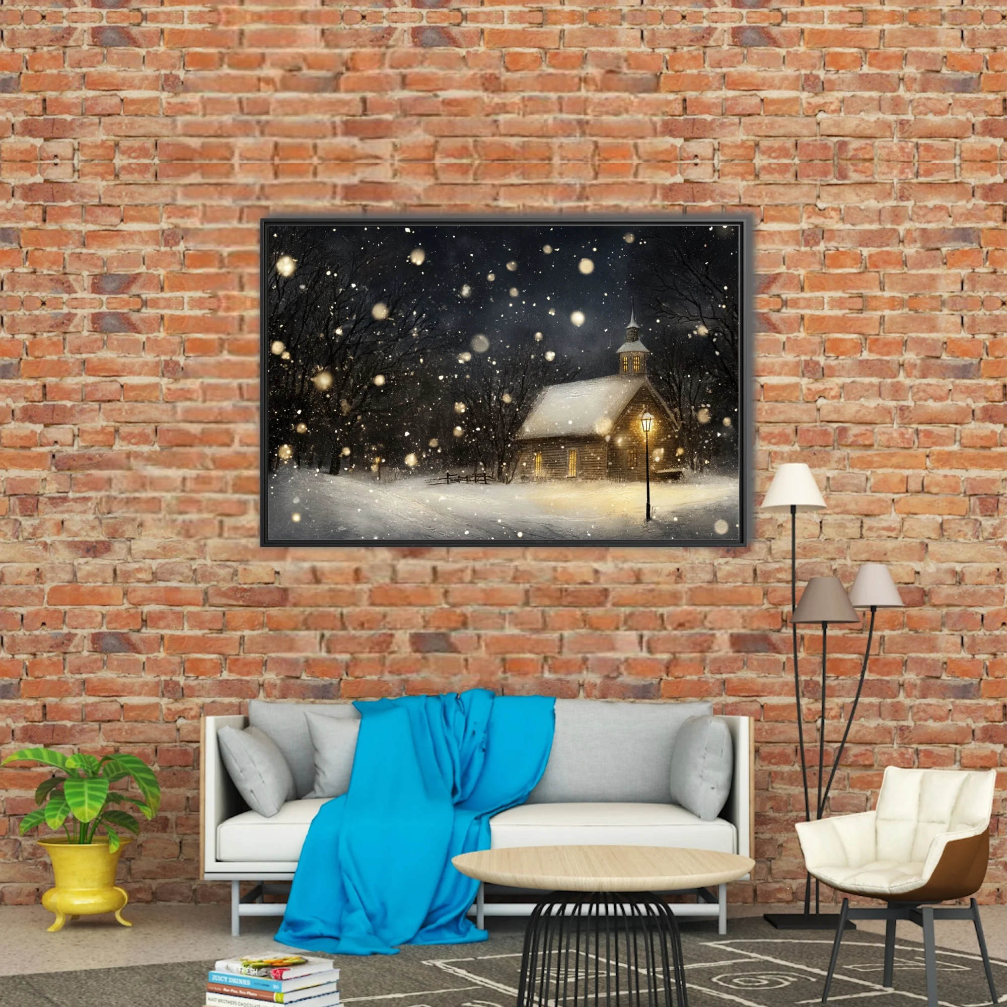 Painterly winter night scene, snow-covered chapel with glowing amber windows and falling snow