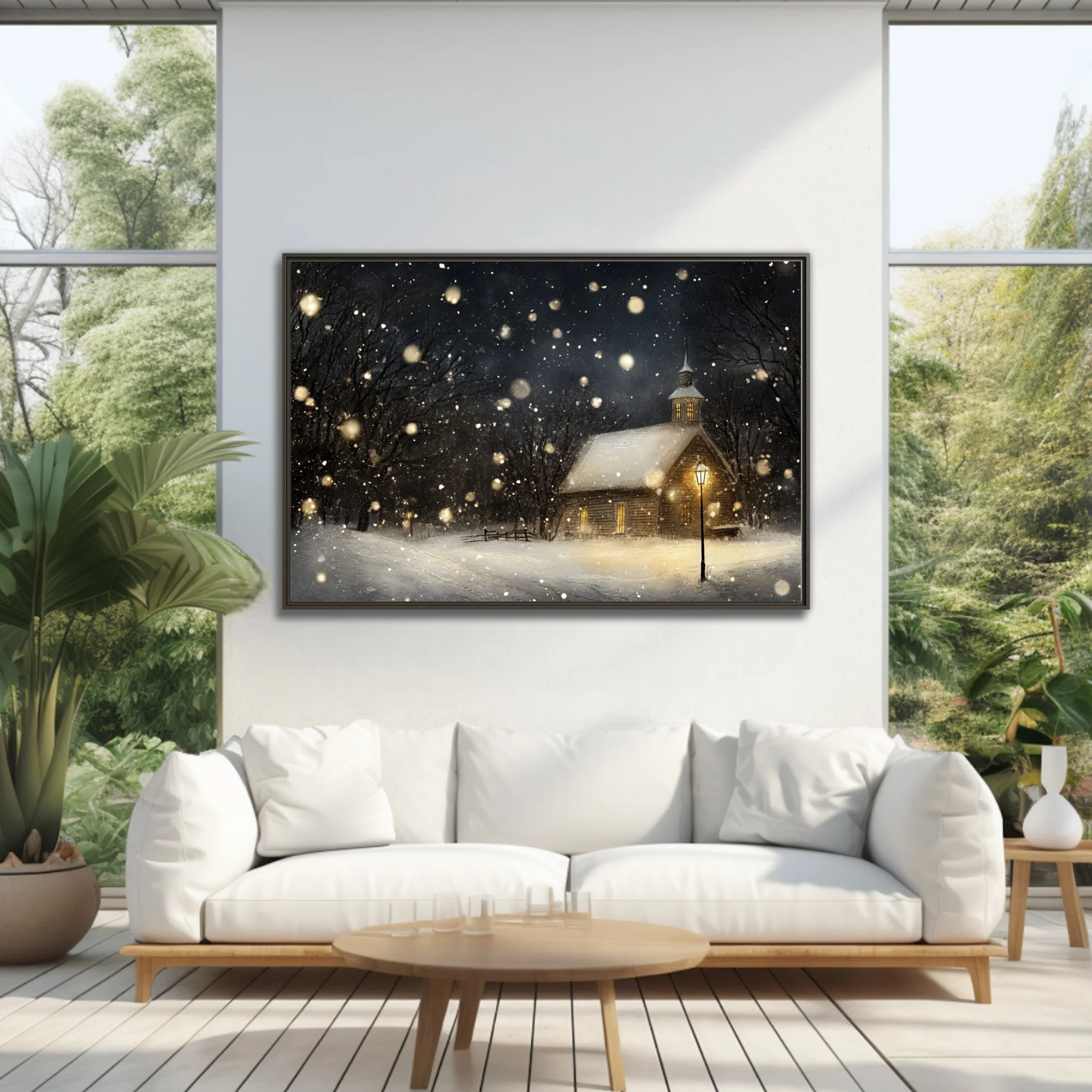 Painterly winter night scene, snow-covered chapel with glowing amber windows and falling snow