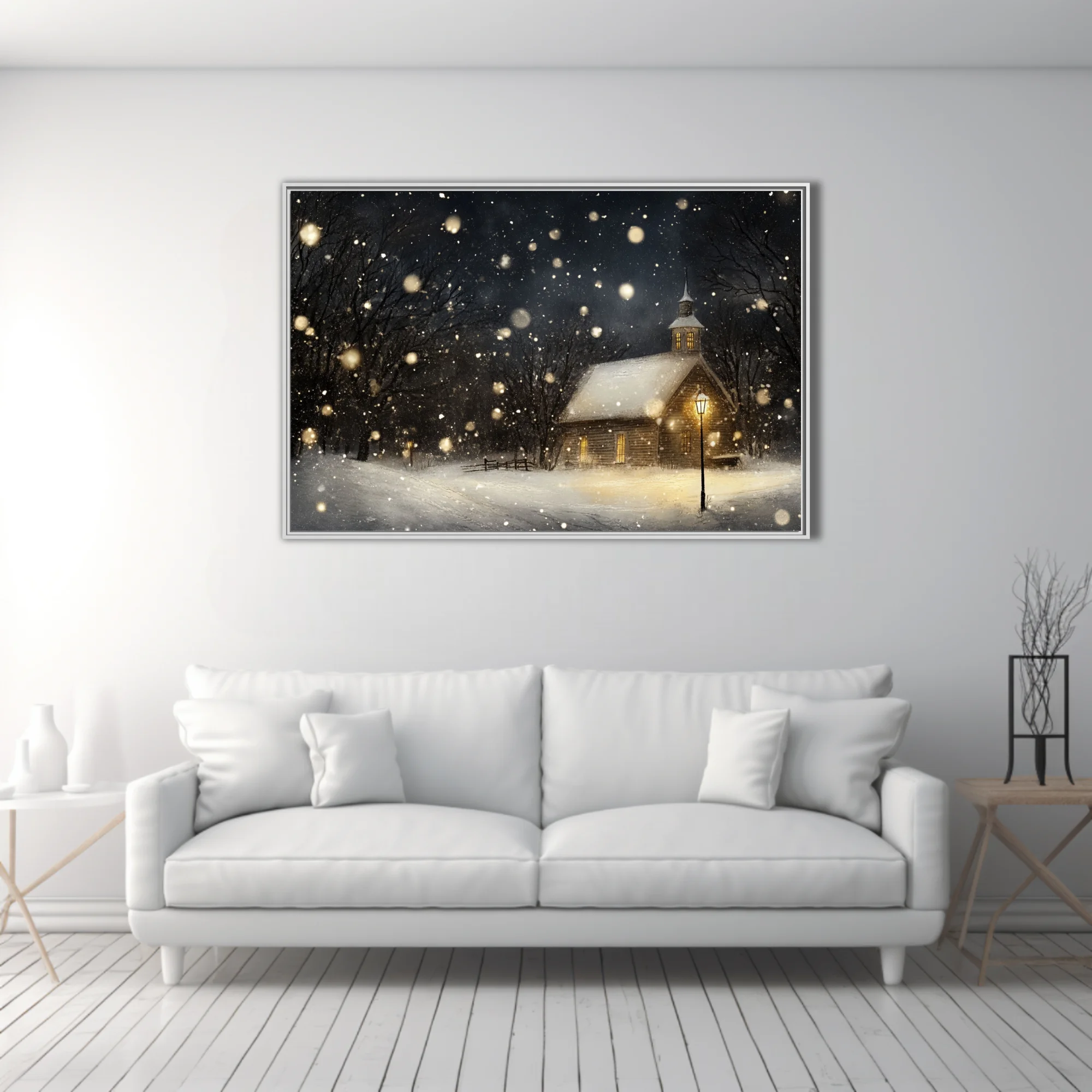 Painterly winter night scene, snow-covered chapel with glowing amber windows and falling snow