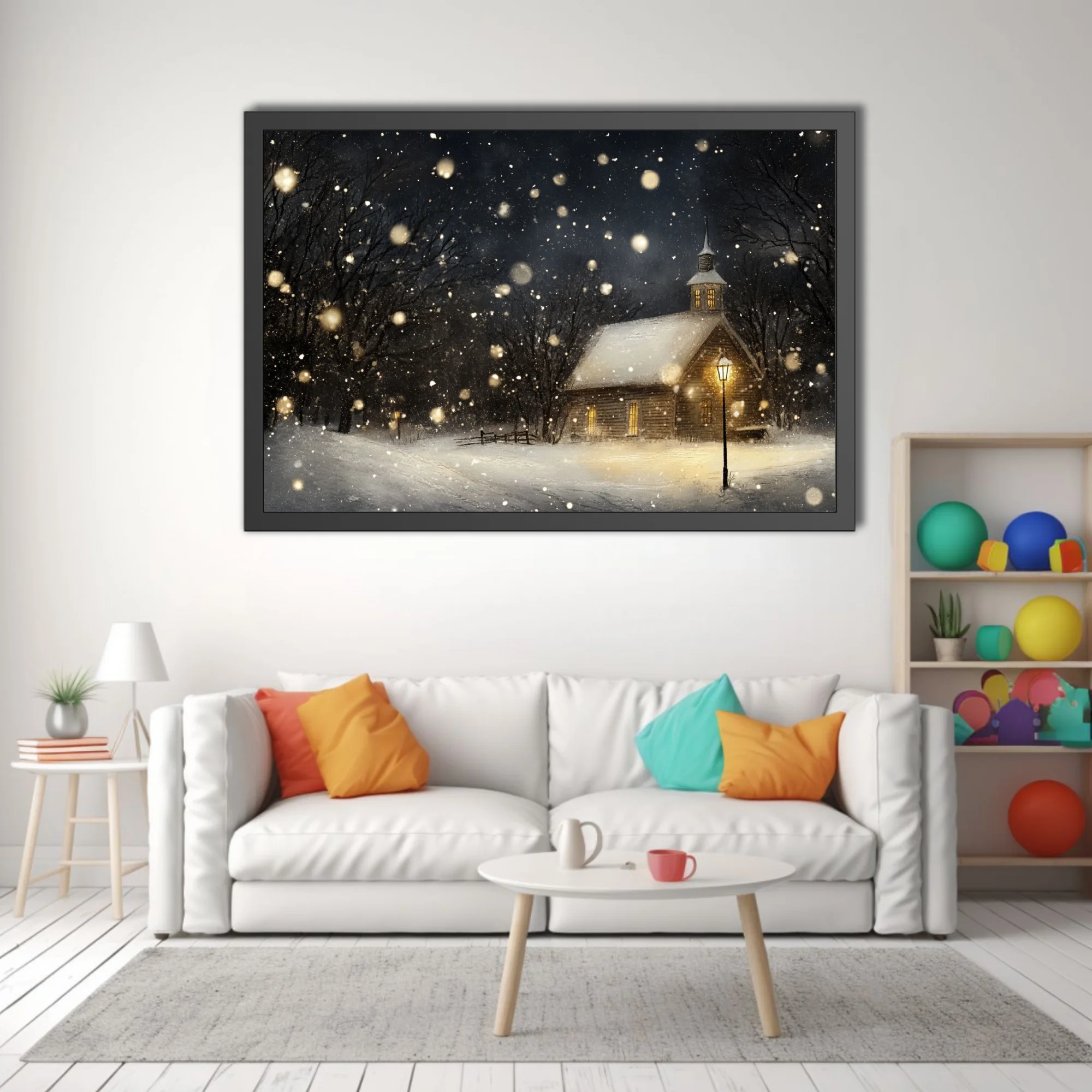 Painterly winter night scene, snow-covered chapel with glowing amber windows and falling snow