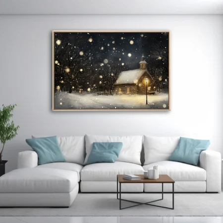 Painterly winter night scene, snow-covered chapel with glowing amber windows and falling snow