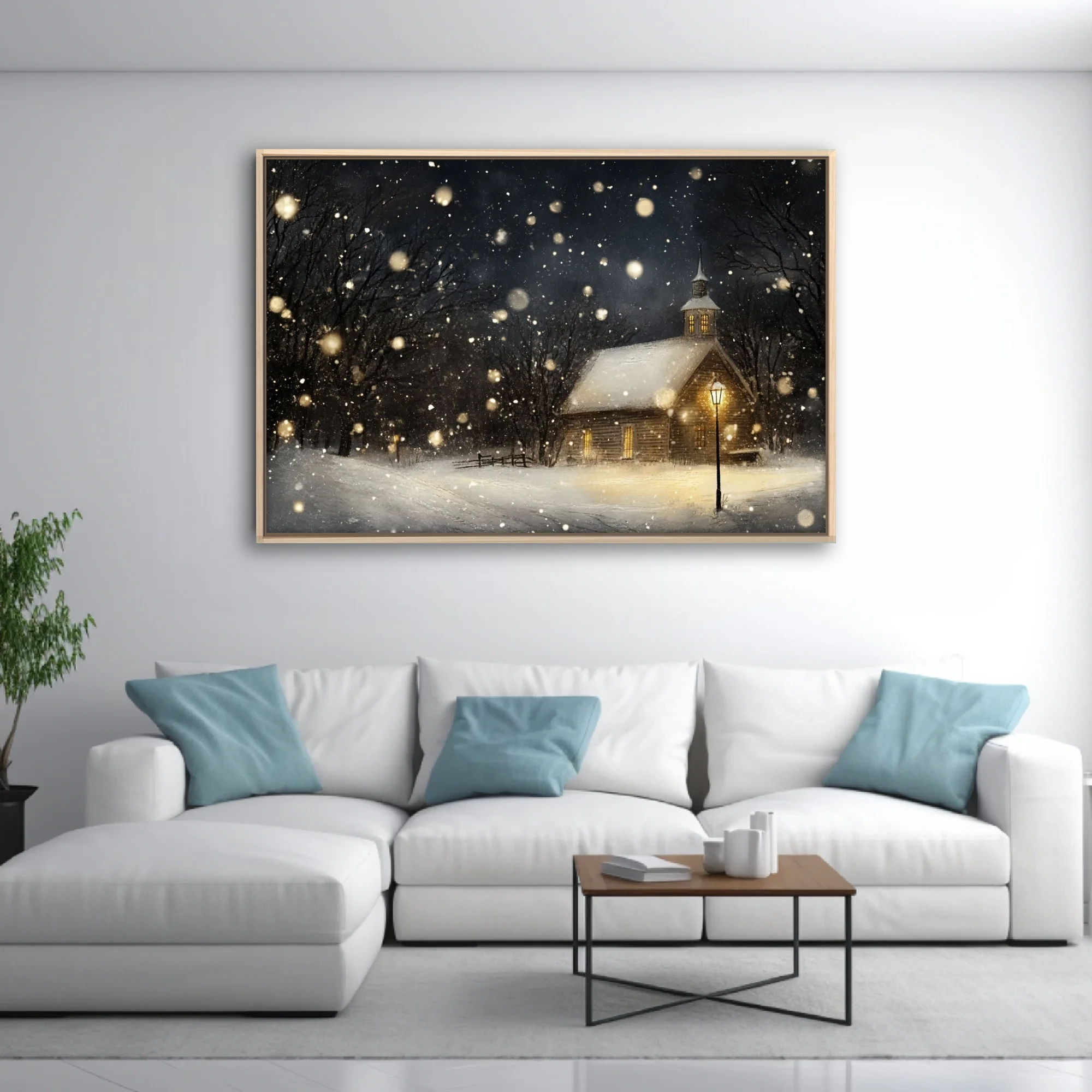 Painterly winter night scene, snow-covered chapel with glowing amber windows and falling snow