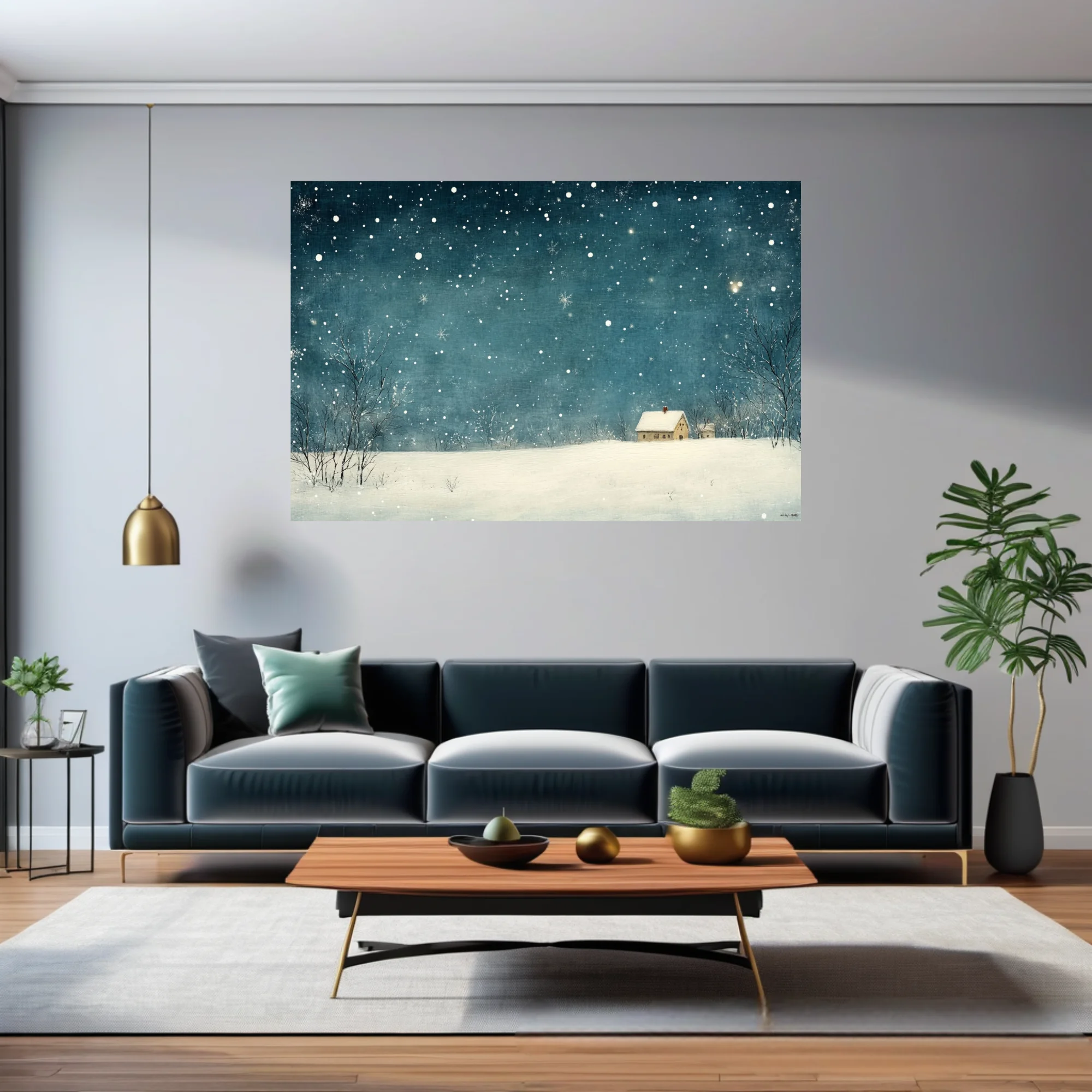 Teal winter night illustration with snowfall, bare trees, and a snow-covered cottage