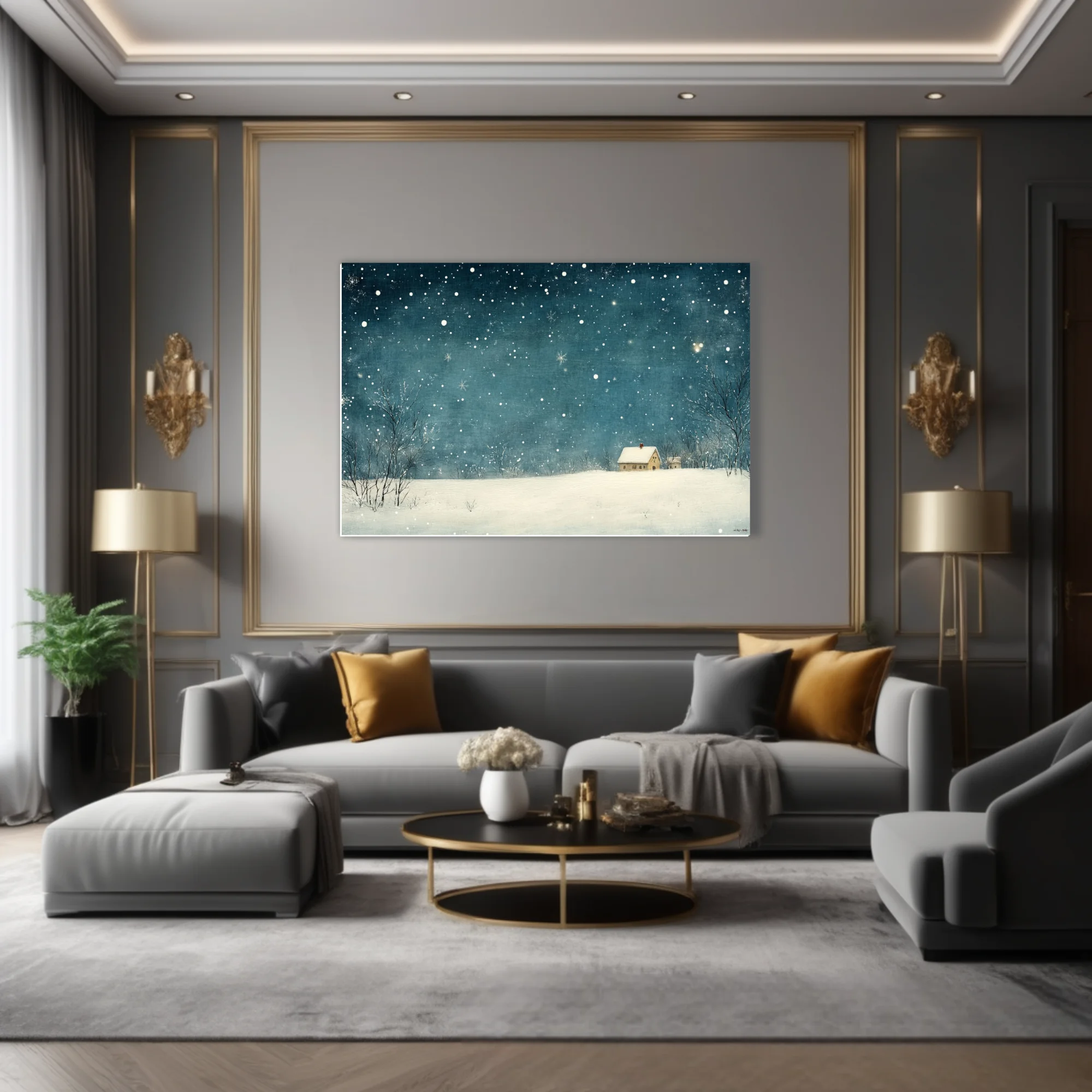 Teal winter night illustration with snowfall, bare trees, and a snow-covered cottage
