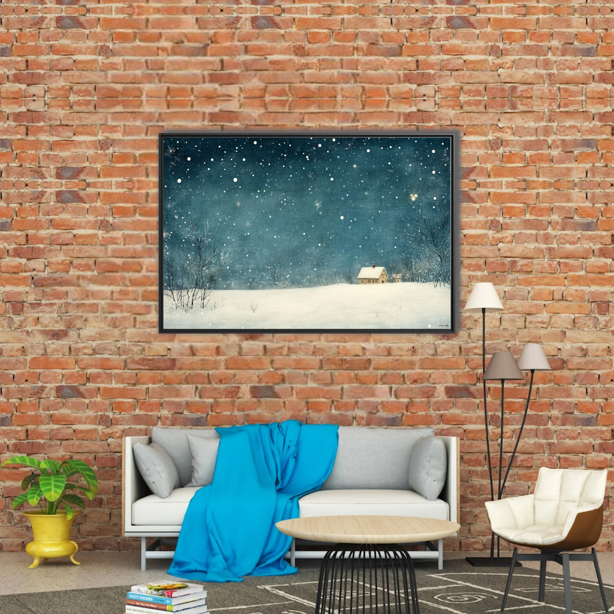 Teal winter night illustration with snowfall, bare trees, and a snow-covered cottage