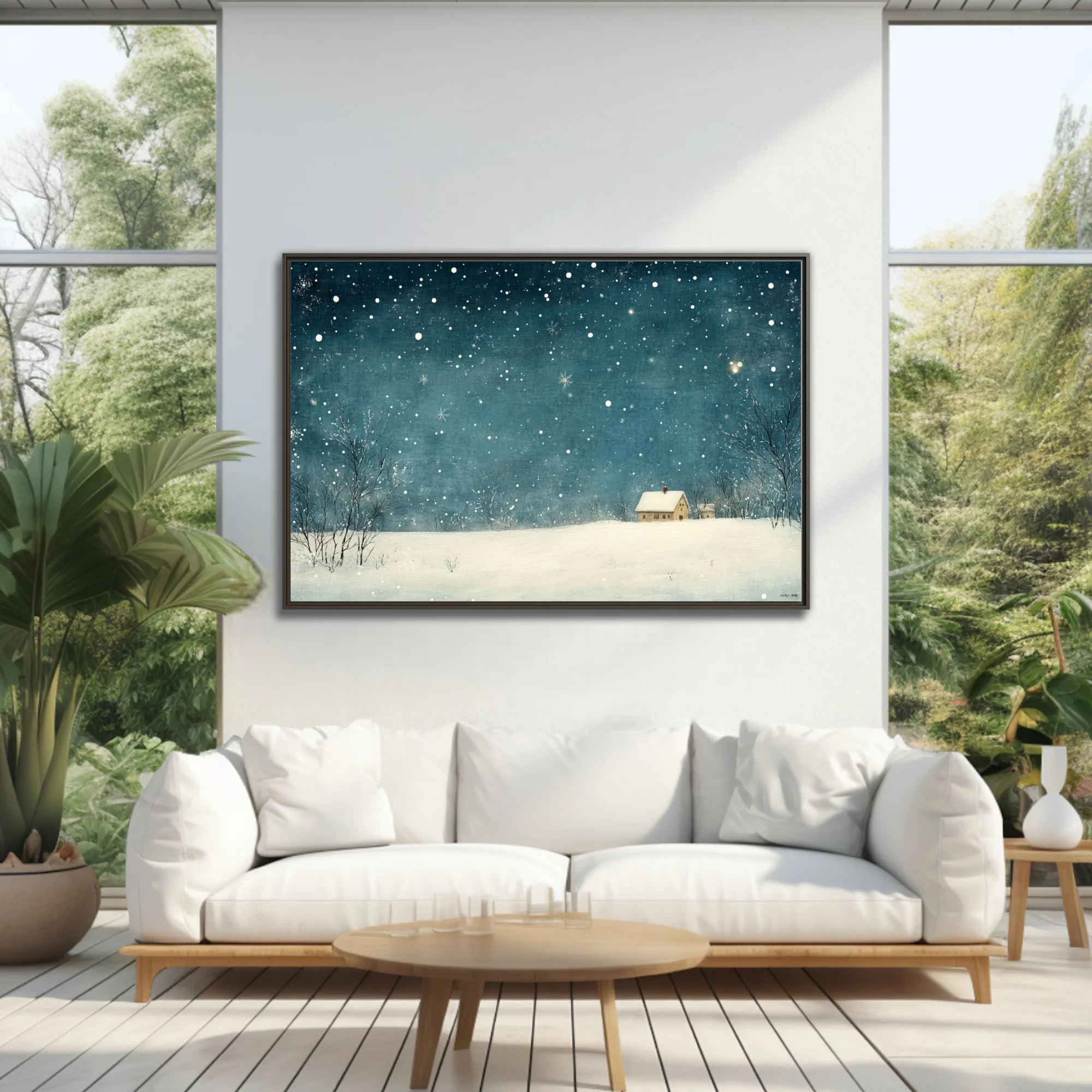 Teal winter night illustration with snowfall, bare trees, and a snow-covered cottage