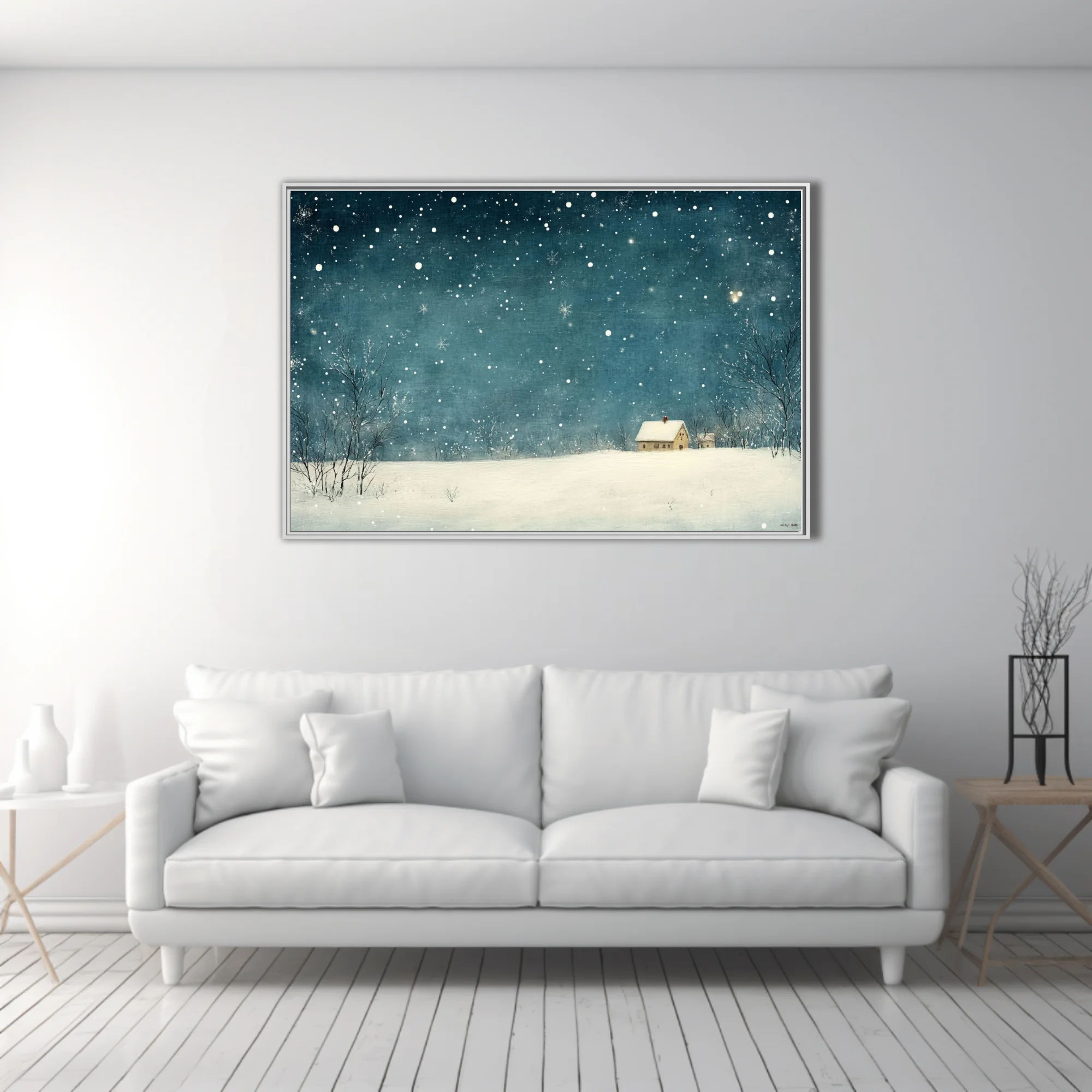 Teal winter night illustration with snowfall, bare trees, and a snow-covered cottage