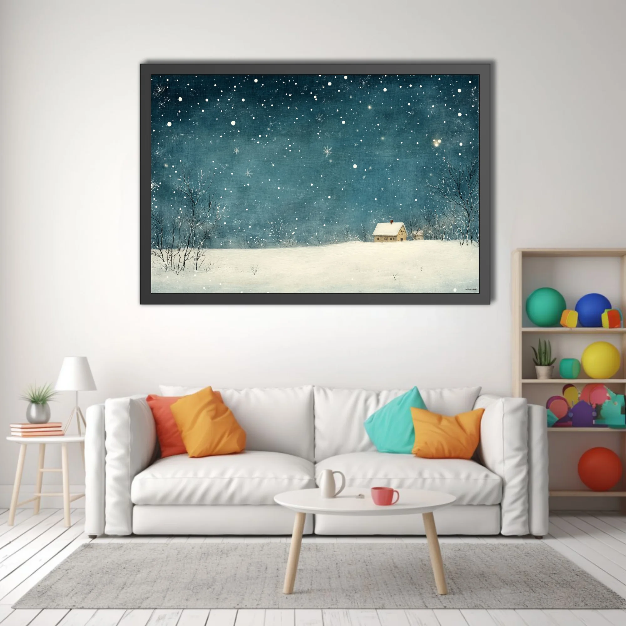 Teal winter night illustration with snowfall, bare trees, and a snow-covered cottage