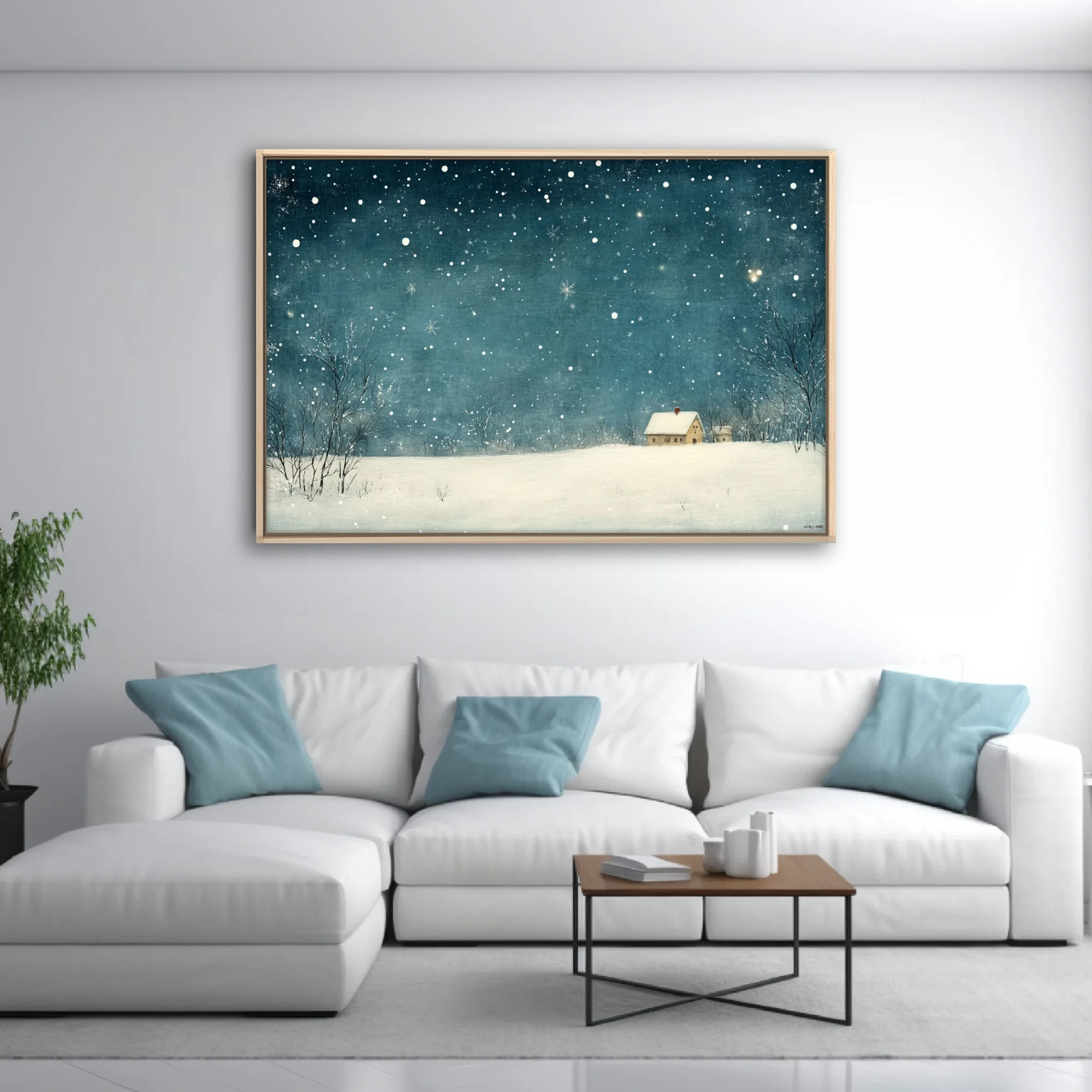 Teal winter night illustration with snowfall, bare trees, and a snow-covered cottage