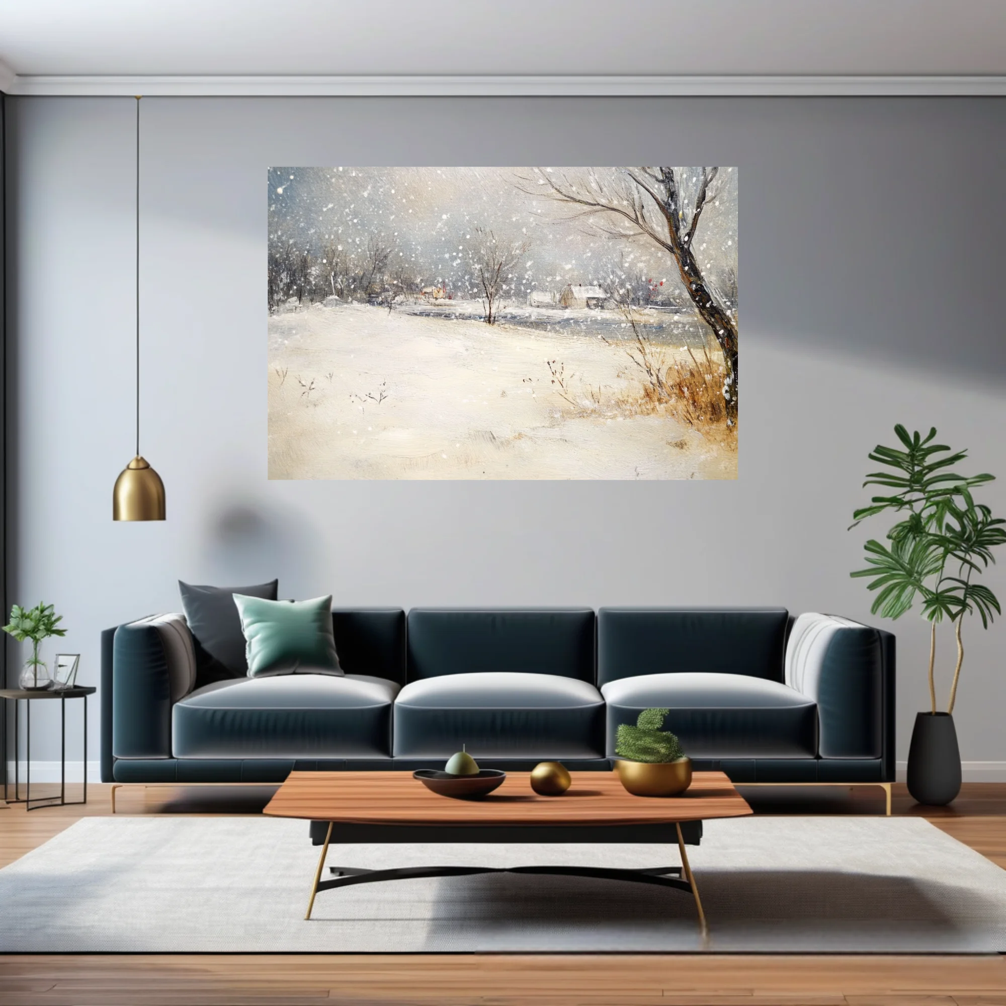 Soft painterly snowy countryside scene with cottages, bare trees, and falling snow in muted blue-grey tones
