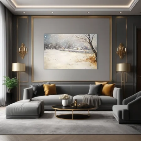 Soft painterly snowy countryside scene with cottages, bare trees, and falling snow in muted blue-grey tones