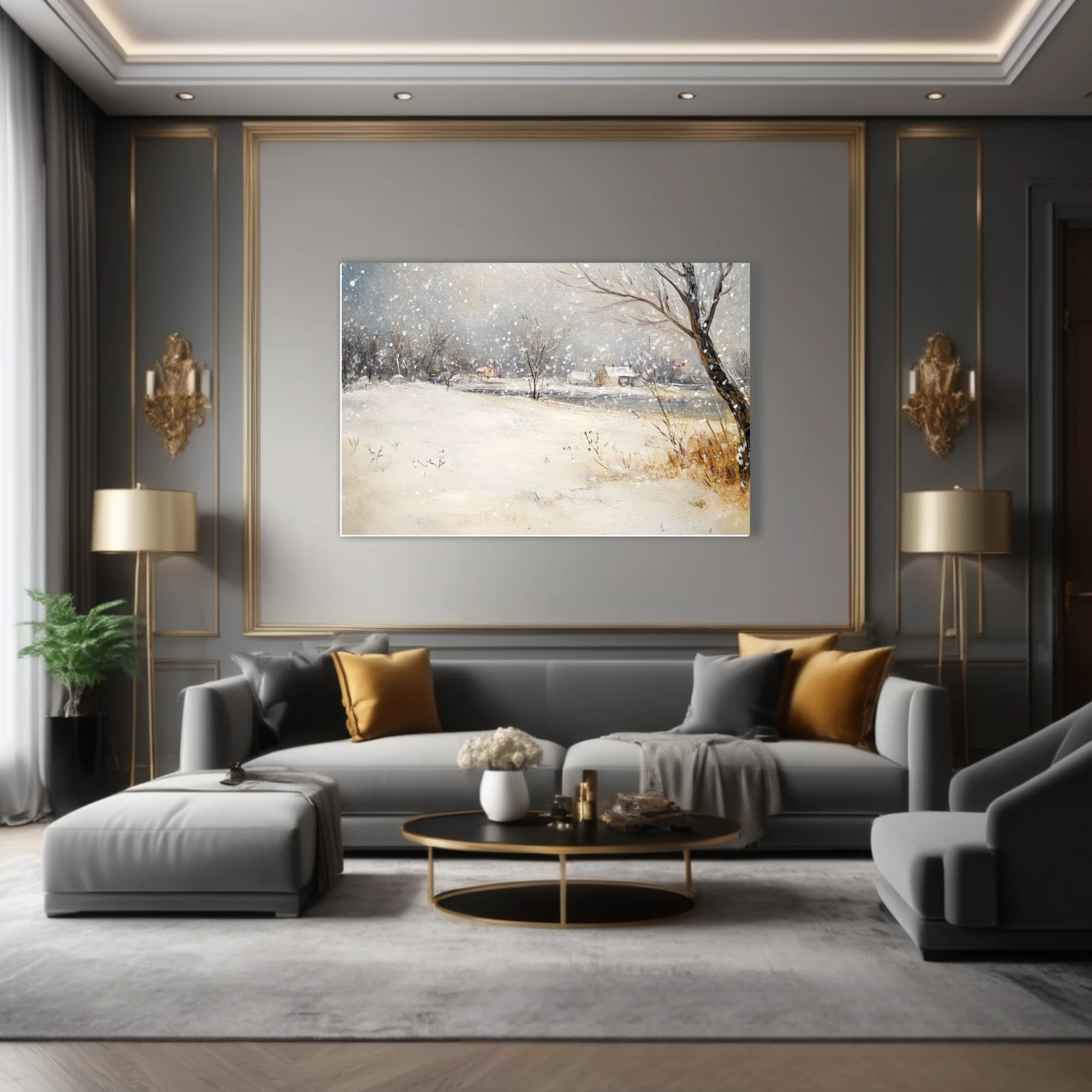 Soft painterly snowy countryside scene with cottages, bare trees, and falling snow in muted blue-grey tones