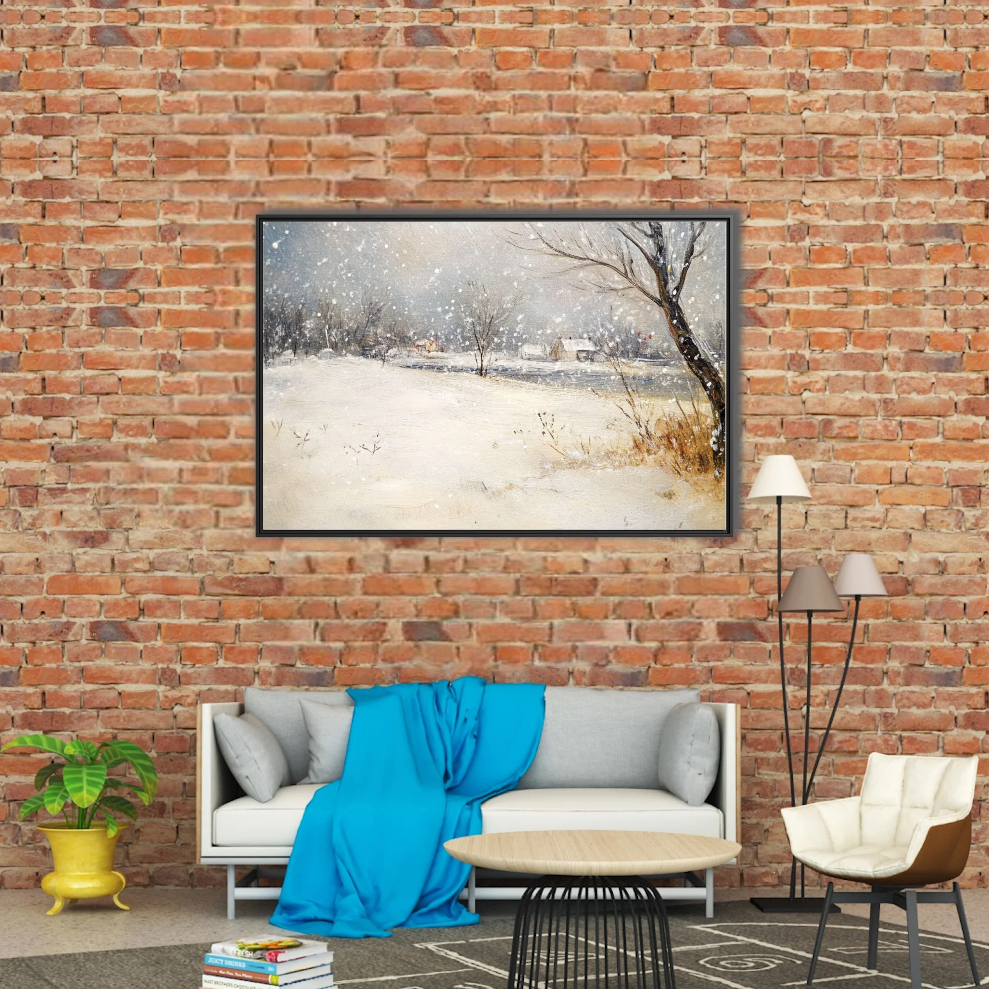 Soft painterly snowy countryside scene with cottages, bare trees, and falling snow in muted blue-grey tones
