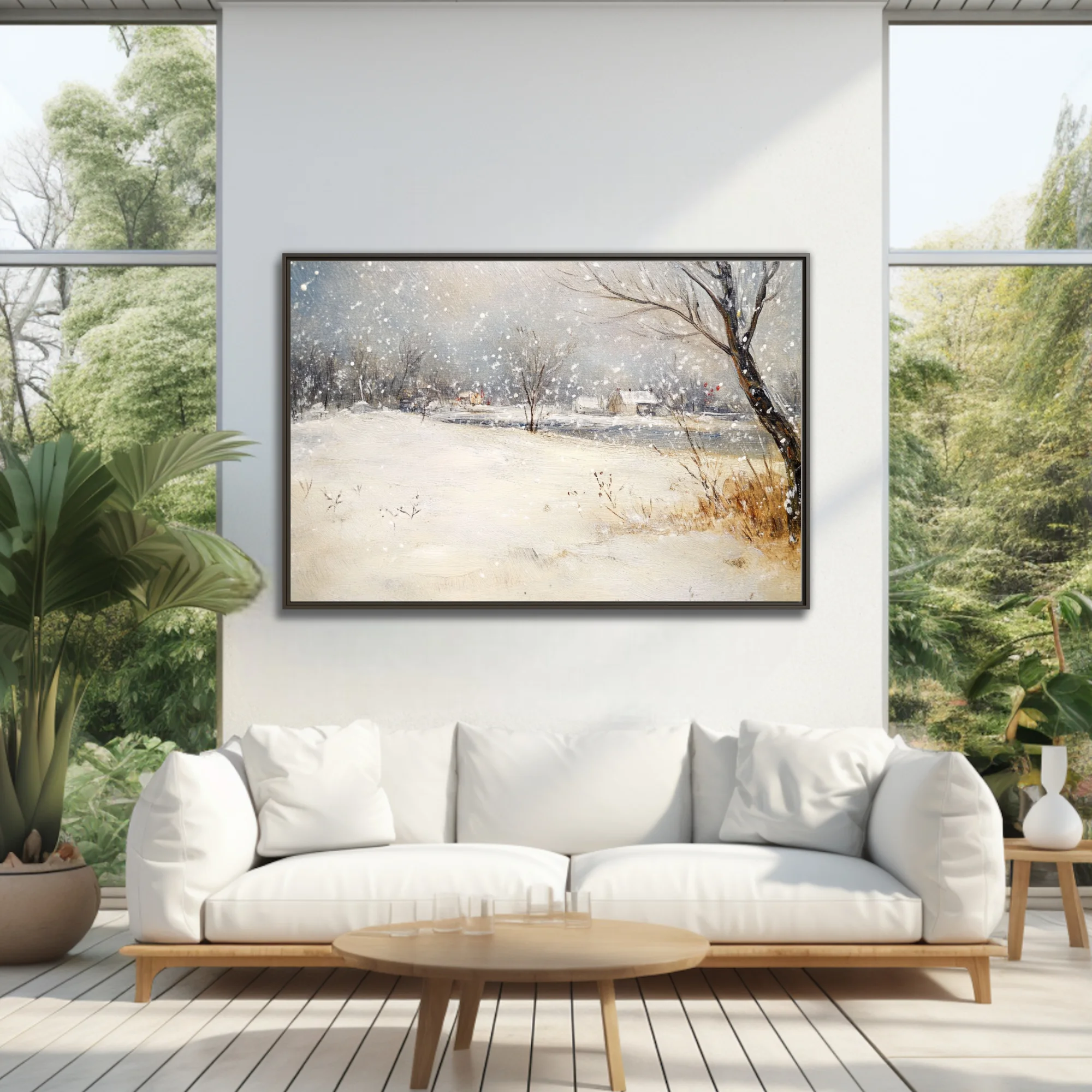 Soft painterly snowy countryside scene with cottages, bare trees, and falling snow in muted blue-grey tones