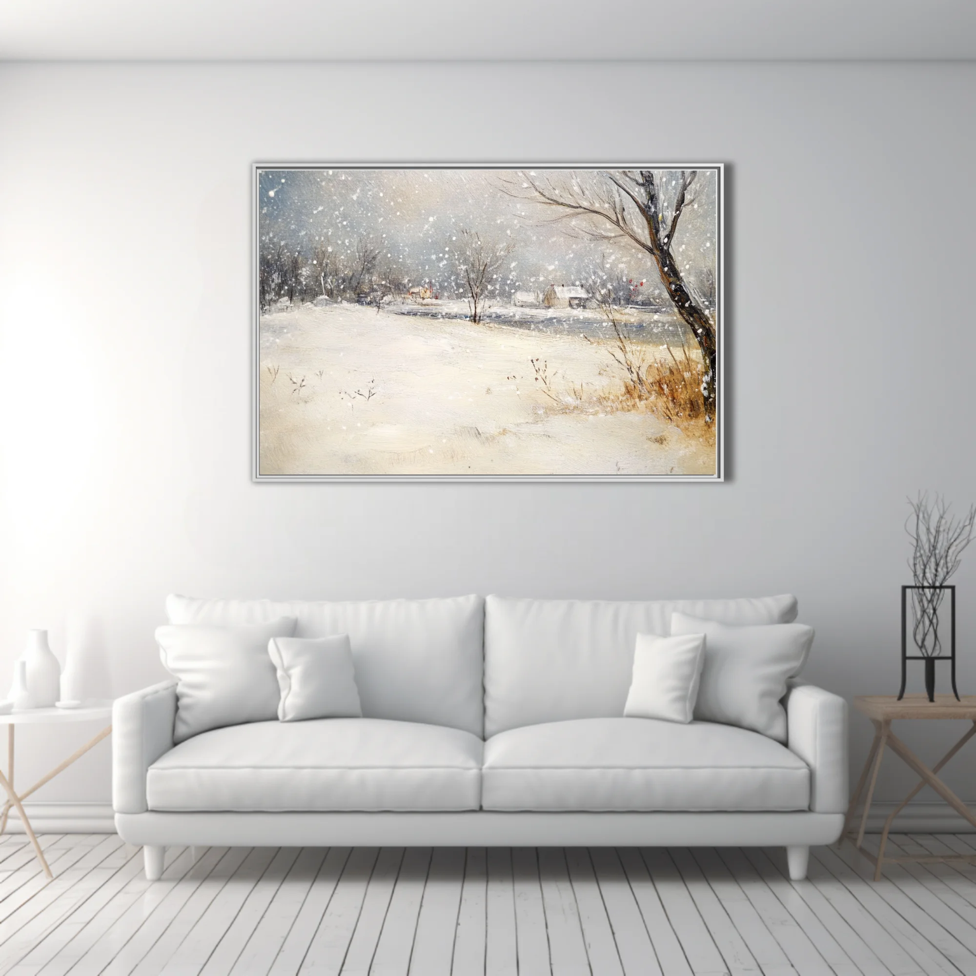 Soft painterly snowy countryside scene with cottages, bare trees, and falling snow in muted blue-grey tones
